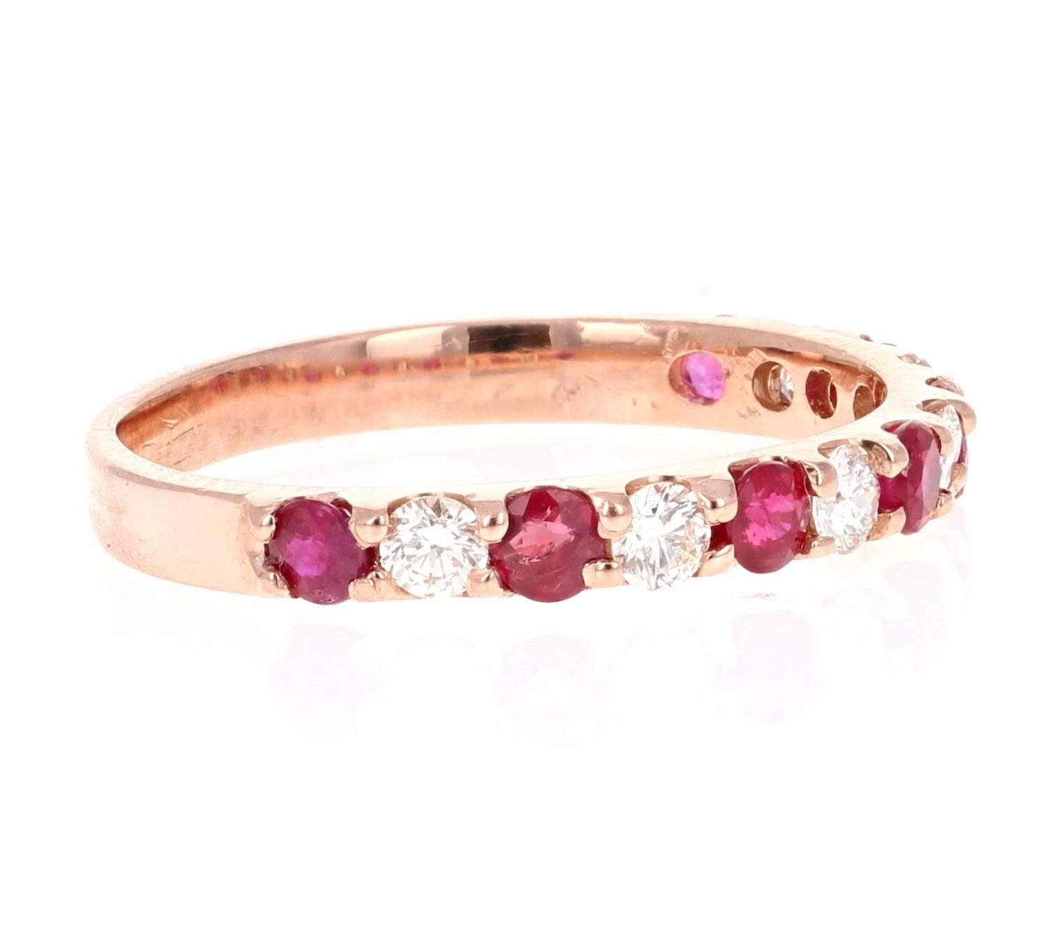 Diamond and Ruby Rose Gold Band!

Elegant and classy 0.86 Carat Diamond and Ruby band that is sure to be a great addition to your accessory collection!   There are 7 Round Cut Diamonds that weigh 0.36 carats and 7 Round Cut Rubies that weigh 0.50
