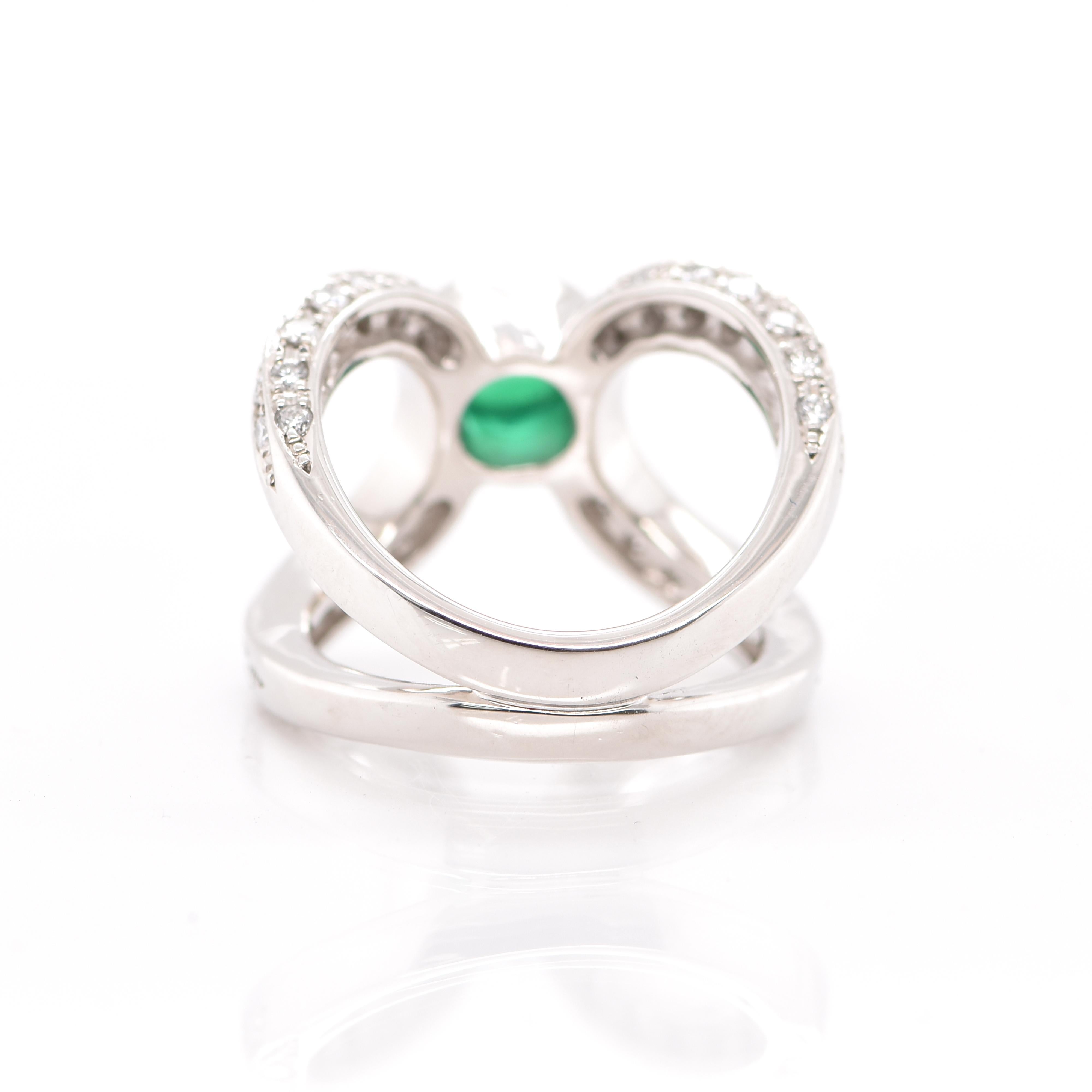 0.86 Carat Natural Emerald Cabochon and Diamond Ring Set in Platinum For Sale 1