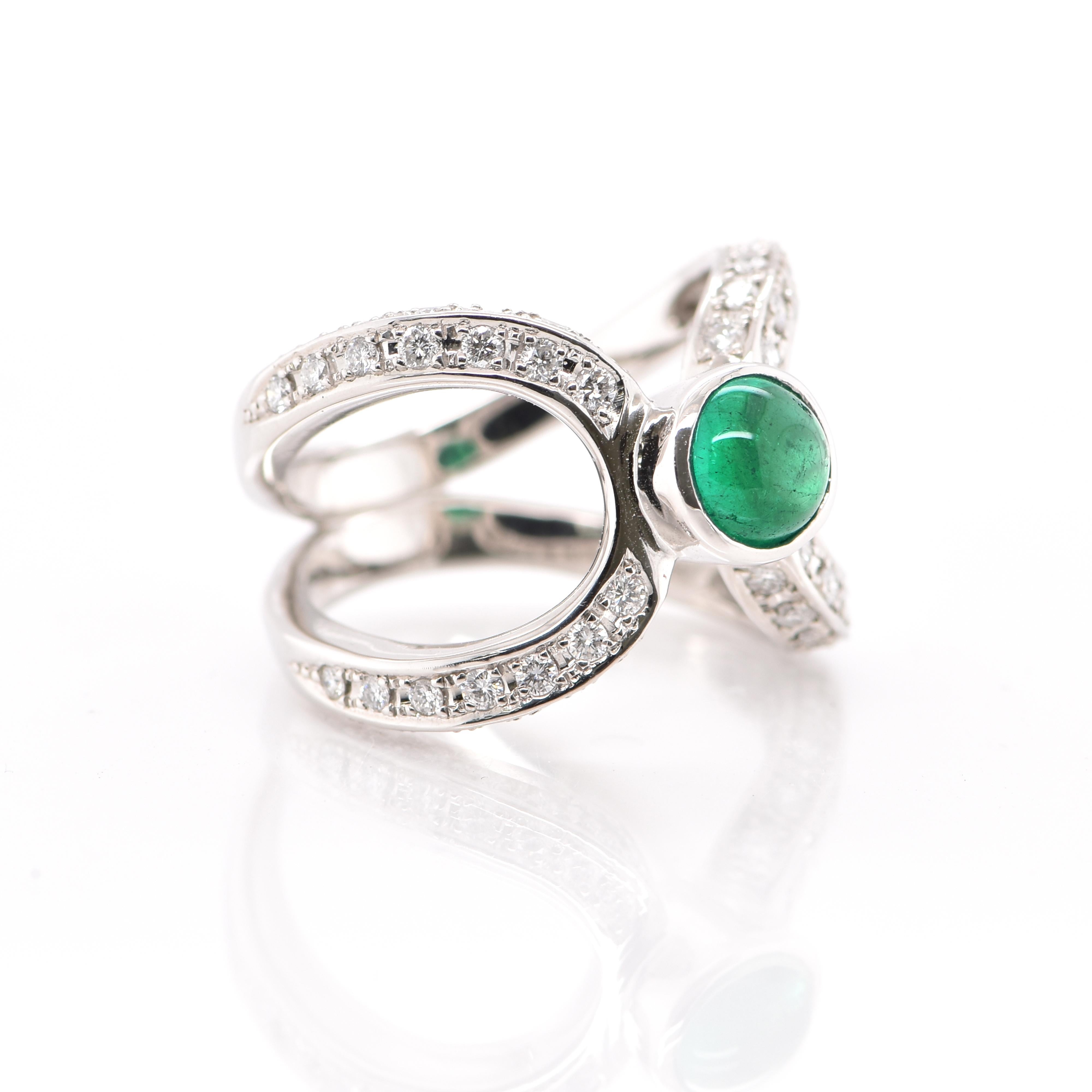Modern 0.86 Carat Natural Emerald Cabochon and Diamond Ring Set in Platinum For Sale