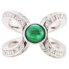 0.86 Carat Natural Emerald Cabochon and Diamond Ring Set in Platinum
