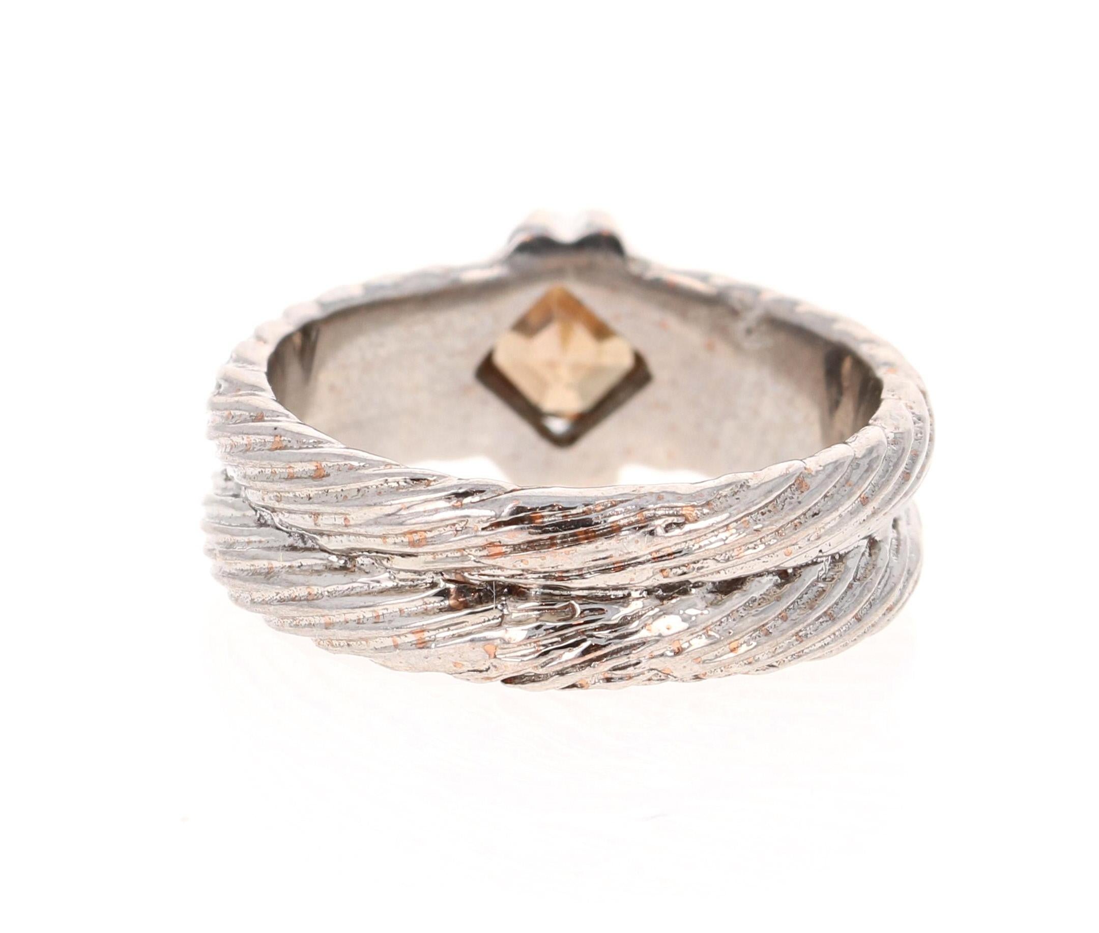 Cushion Cut 0.86 Carat Natural Champagne Diamond 14 Karat White Gold Band For Sale