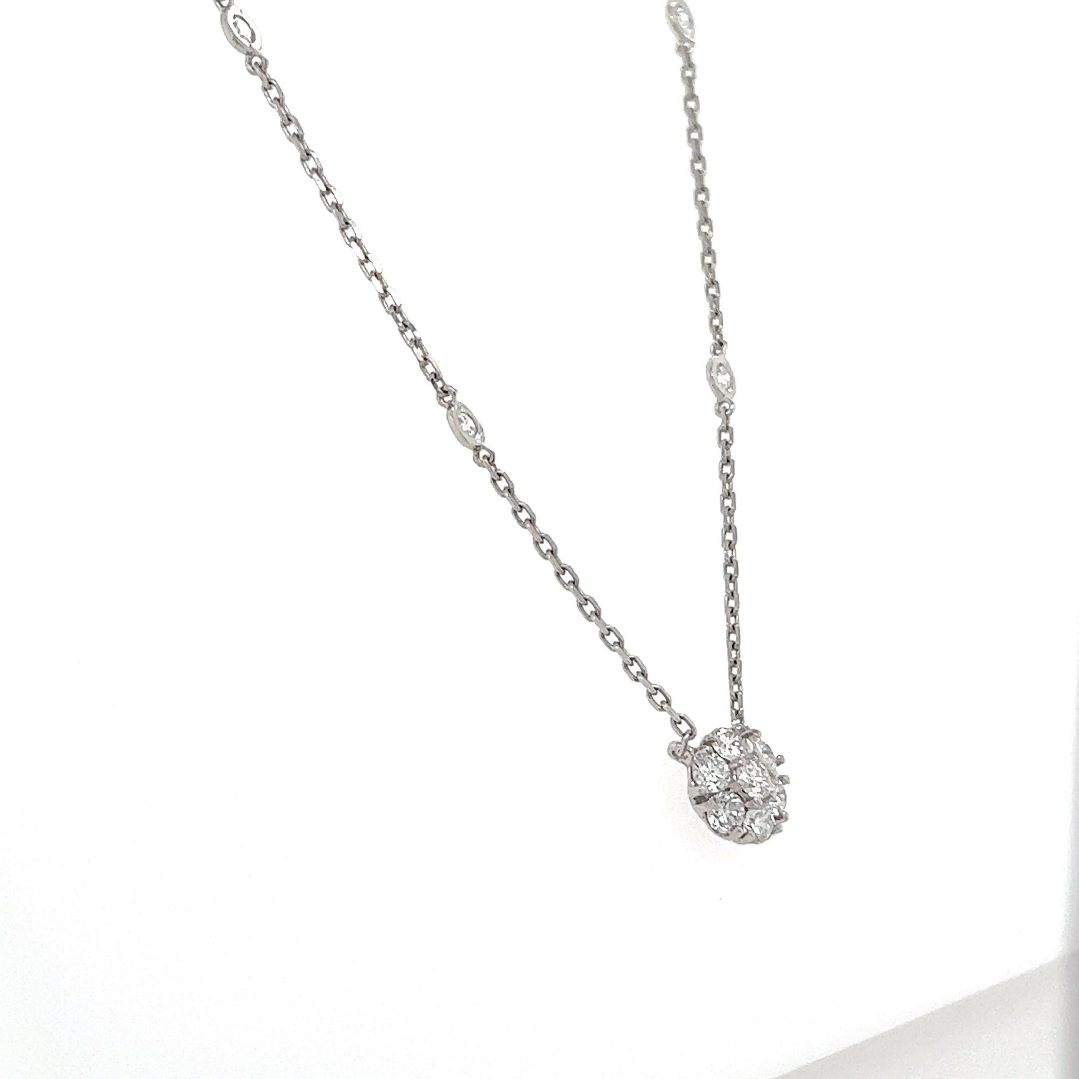 Round Cut 0.86 Carat Natural Diamond White Gold Floret Chain Necklace  For Sale