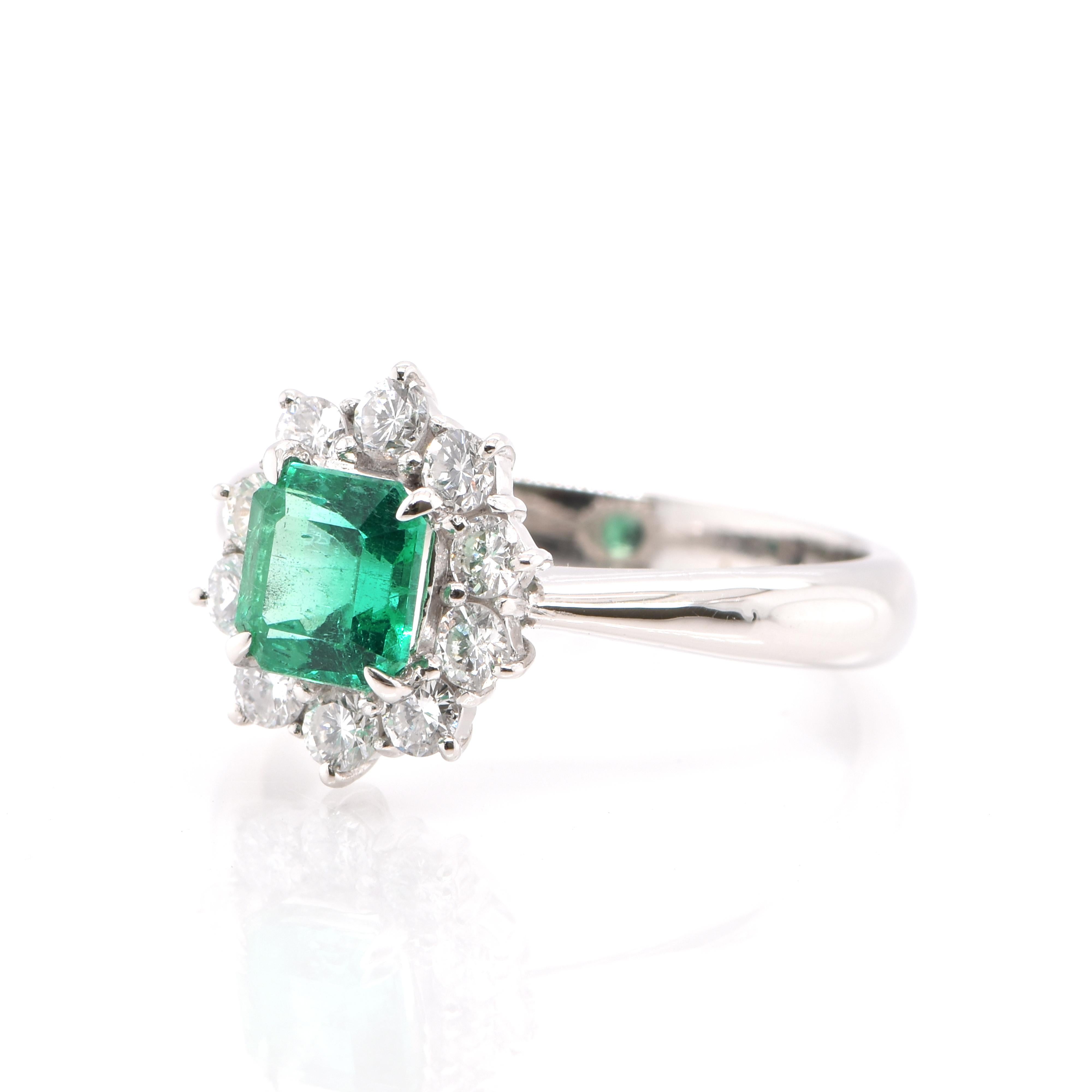 A stunning Engagement Ring featuring a 0.86 Carat Natural Emerald and 0.49 Carats of Diamond Accents set in Platinum. People have admired emerald’s green for thousands of years. Emeralds have always been associated with the lushest landscapes and