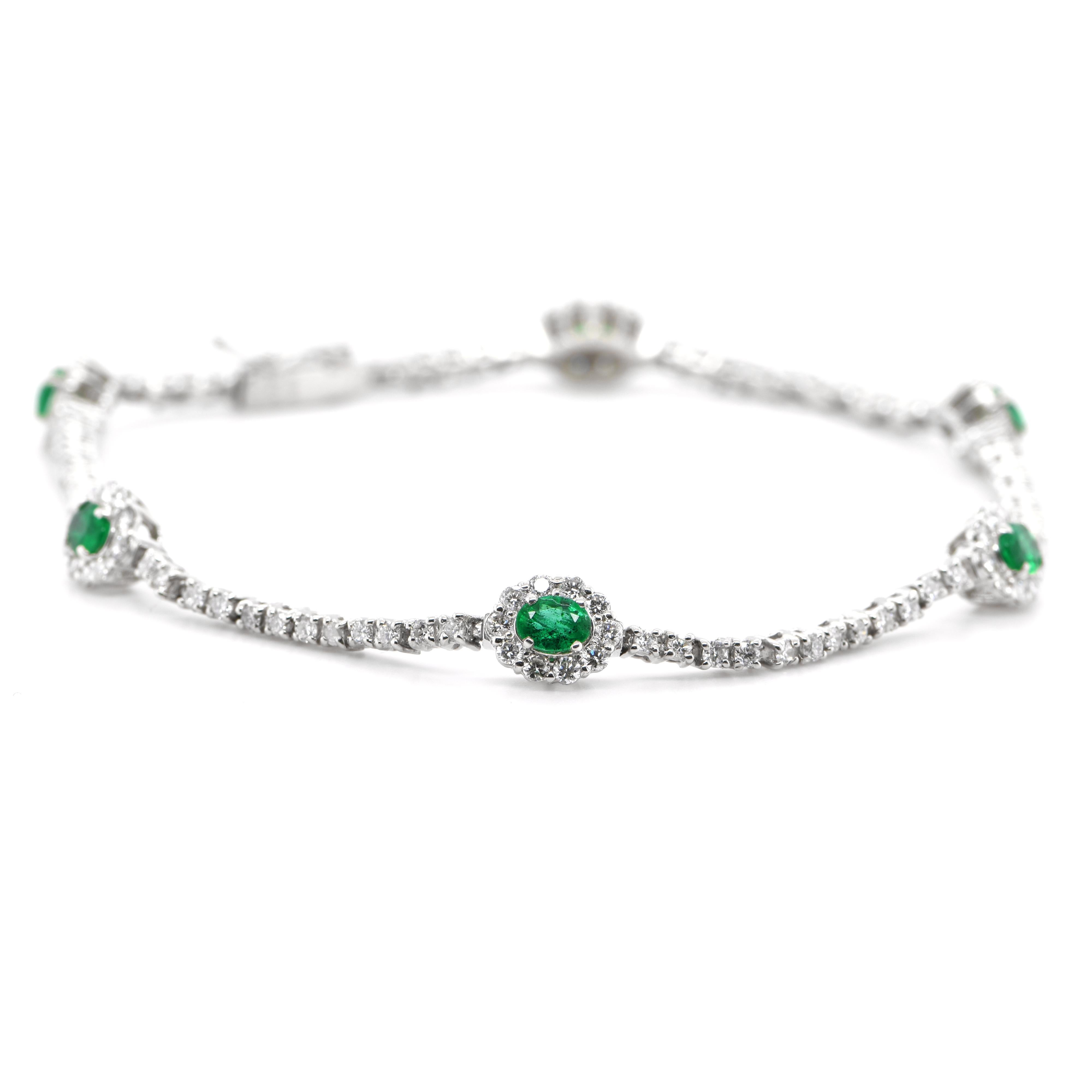 A beautiful Tennis Bracelet featuring a total of 0.86 Carats of Natural Emeralds and 1.43 Carats of Diamond Accents set in Platinum. The Emerald are of 5x3mm size. People have admired emerald’s green for thousands of years. Emeralds have always been