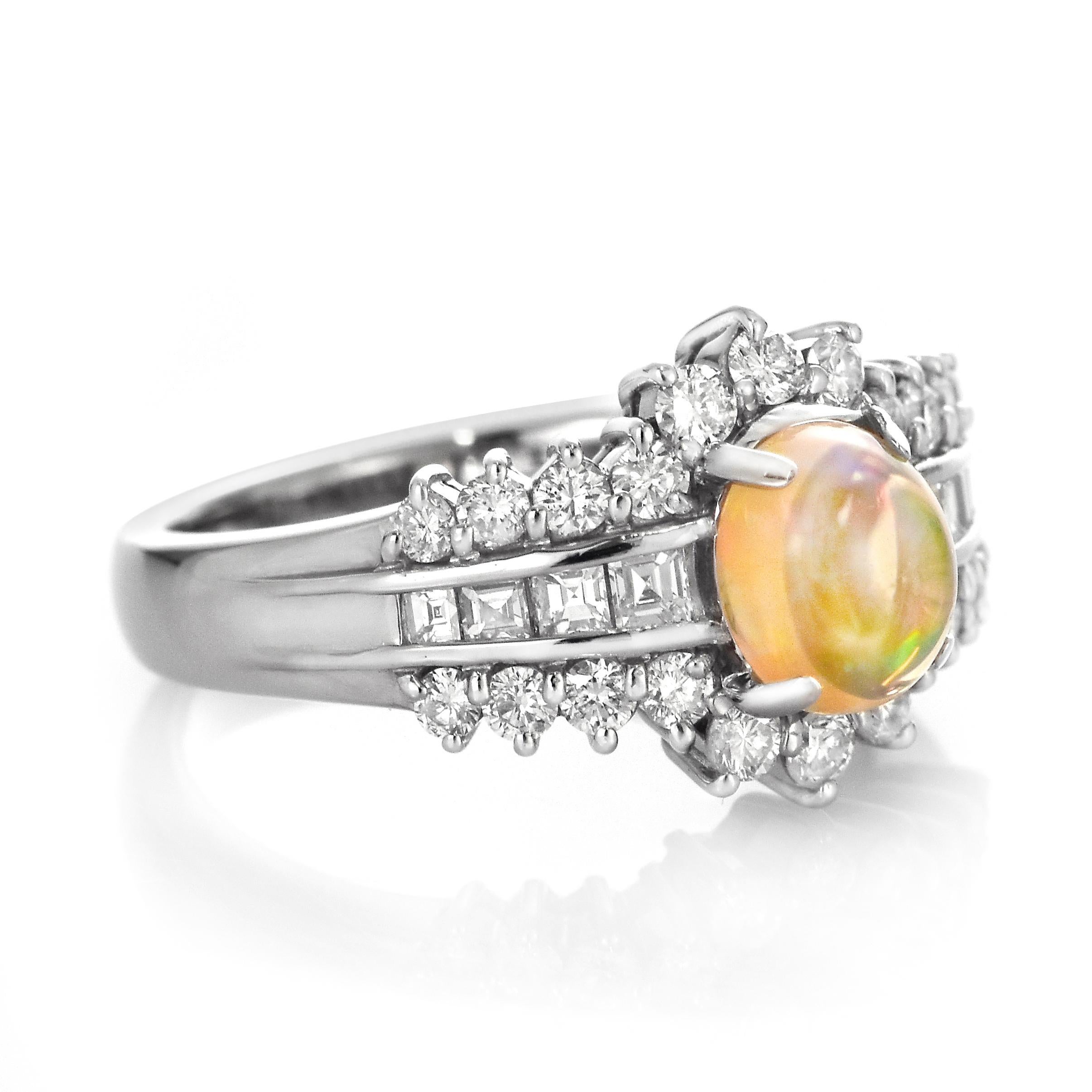 Cabochon 0.86 Carat Natural Mexican Fire Opal and Diamond Ring Made in Platinum For Sale