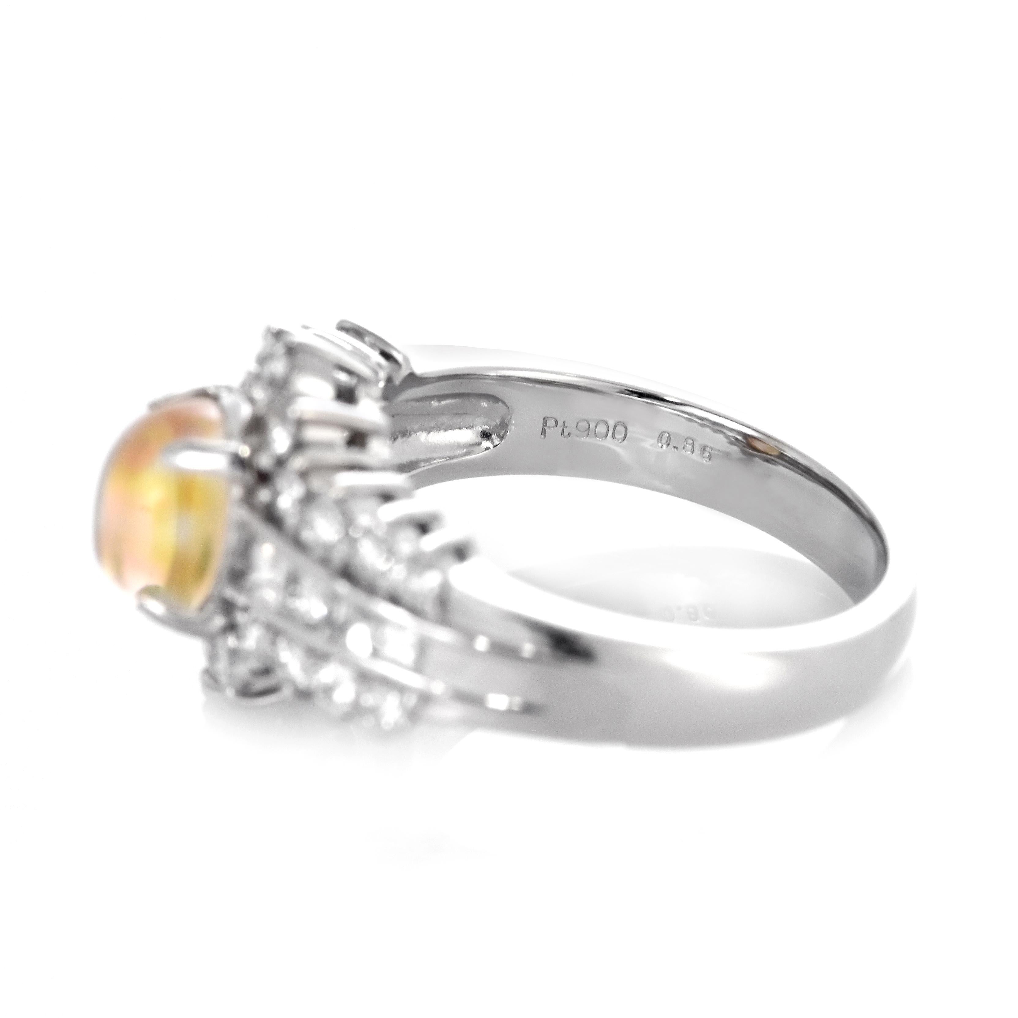 0.86 Carat Natural Mexican Fire Opal and Diamond Ring Made in Platinum In Excellent Condition For Sale In Tokyo, JP