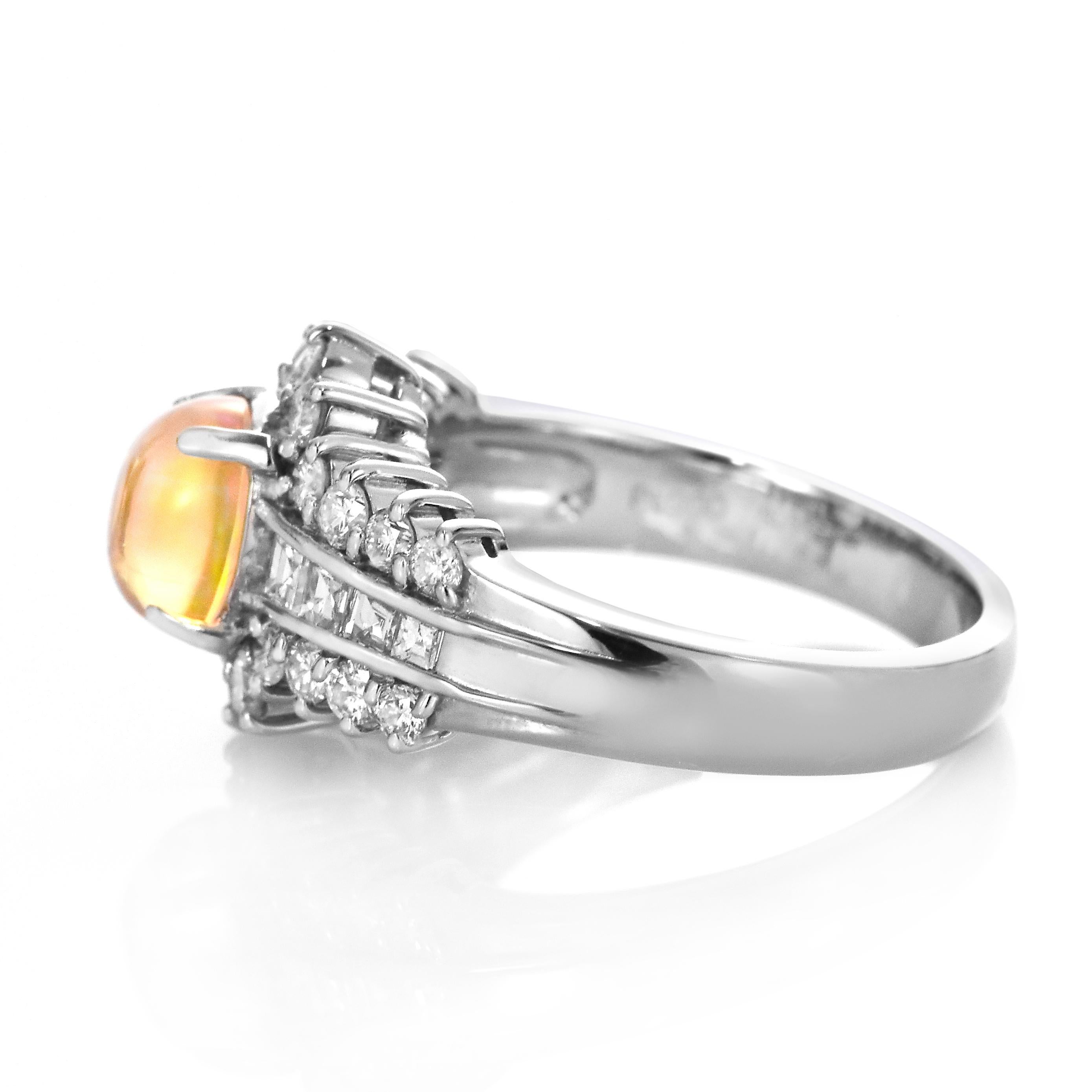 Women's 0.86 Carat Natural Mexican Fire Opal and Diamond Ring Made in Platinum For Sale