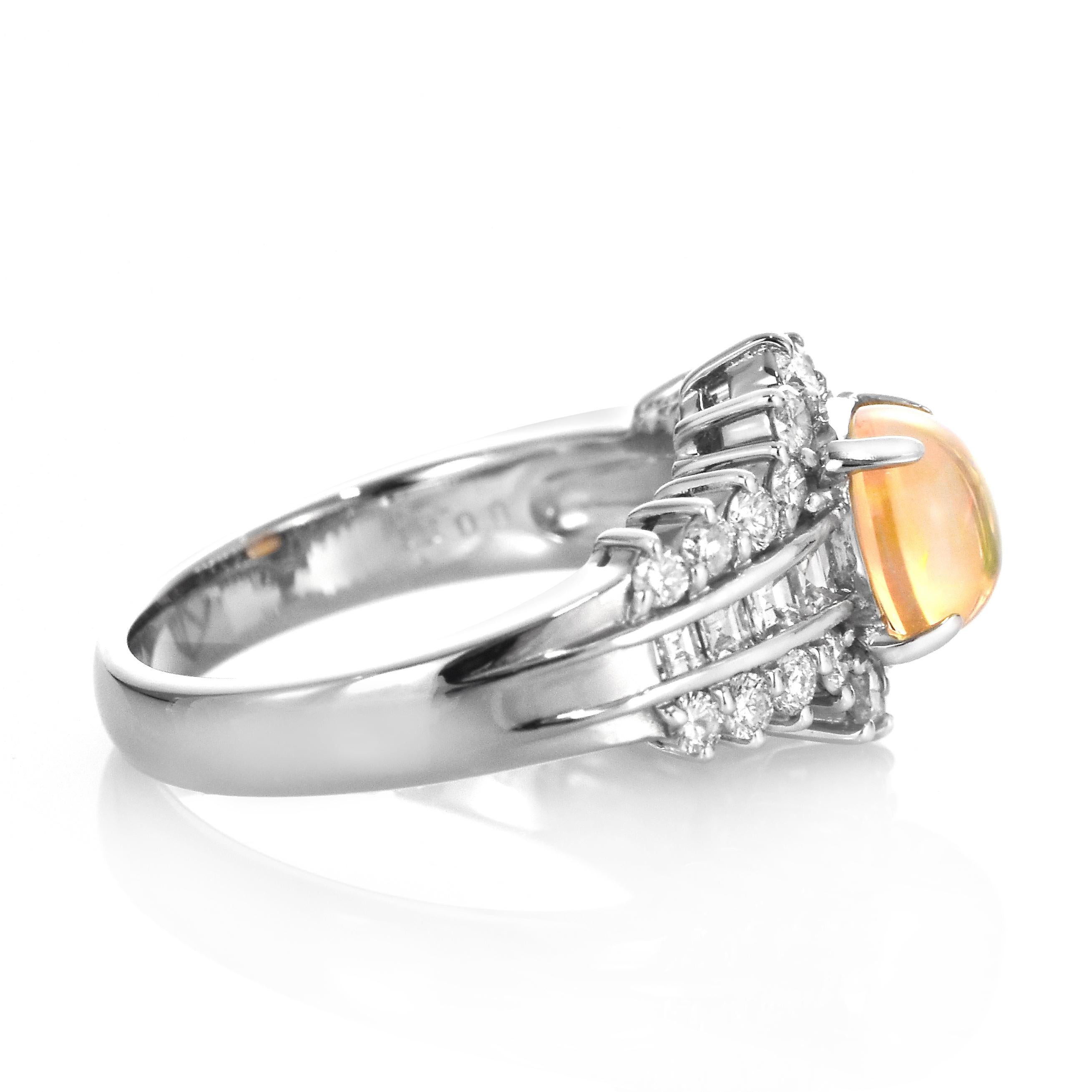 0.86 Carat Natural Mexican Fire Opal and Diamond Ring Made in Platinum For Sale 1