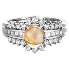 0.86 Carat Natural Mexican Fire Opal and Diamond Ring Made in Platinum
