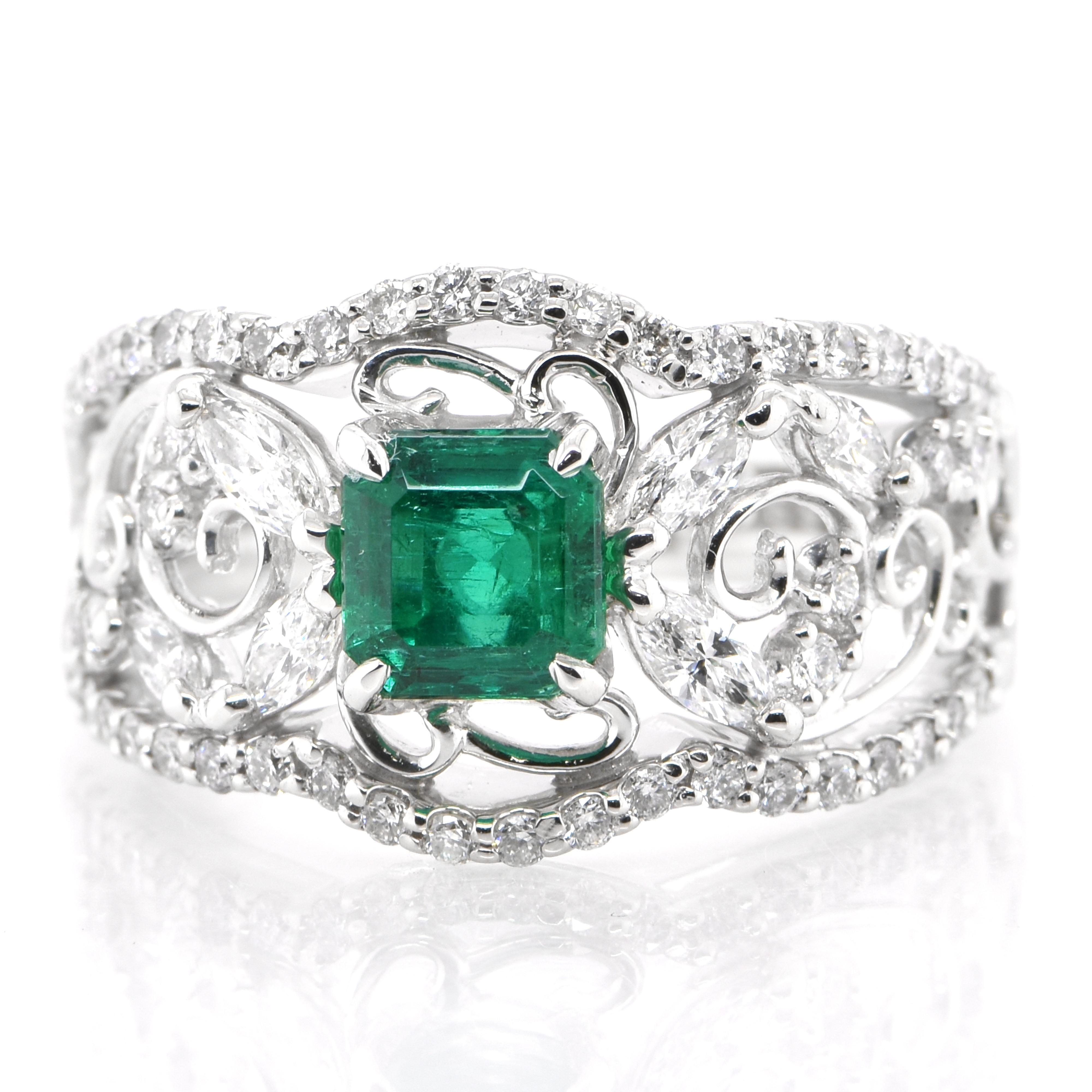A stunning ring featuring a 0.86 Carat Natural Sugarloaf Emerald and 0.75 Carats of Diamond Accents set in Platinum. People have admired emerald’s green for thousands of years. Emeralds have always been associated with the lushest landscapes and the