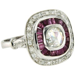 0.86 Carat Old Mine Cut Diamond Ruby Engagement Gold Ring