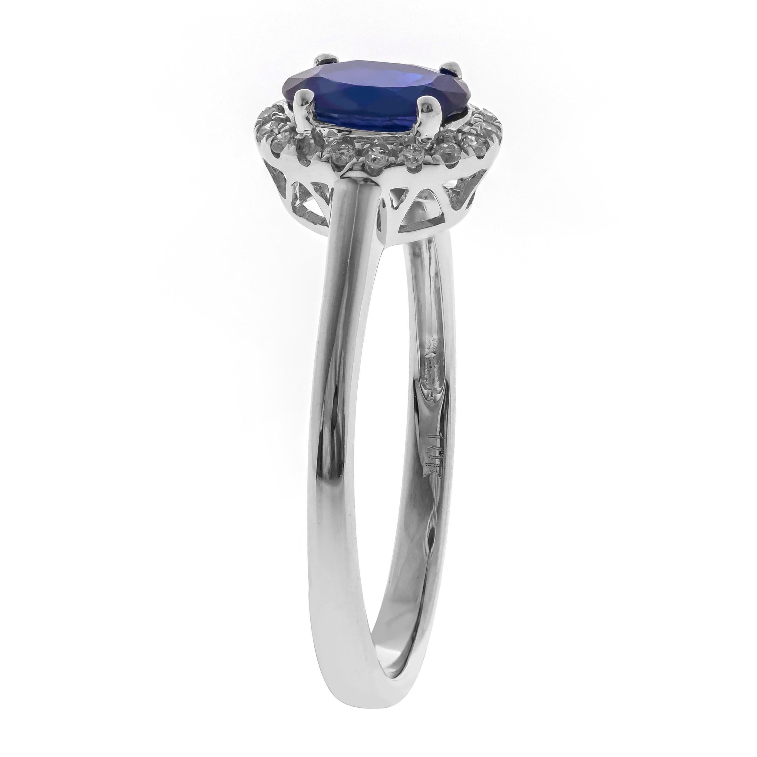 Decorate yourself in elegance with this Ring is crafted from 10-karat White Gold by Gin & Grace. This Ring is made up of Oval-Cut Blue Sapphire (1 pcs) 0.86 carat and Round-cut White Diamond (18 Pcs) 0.10 Carat. This Ring is weight 1.88 grams. This