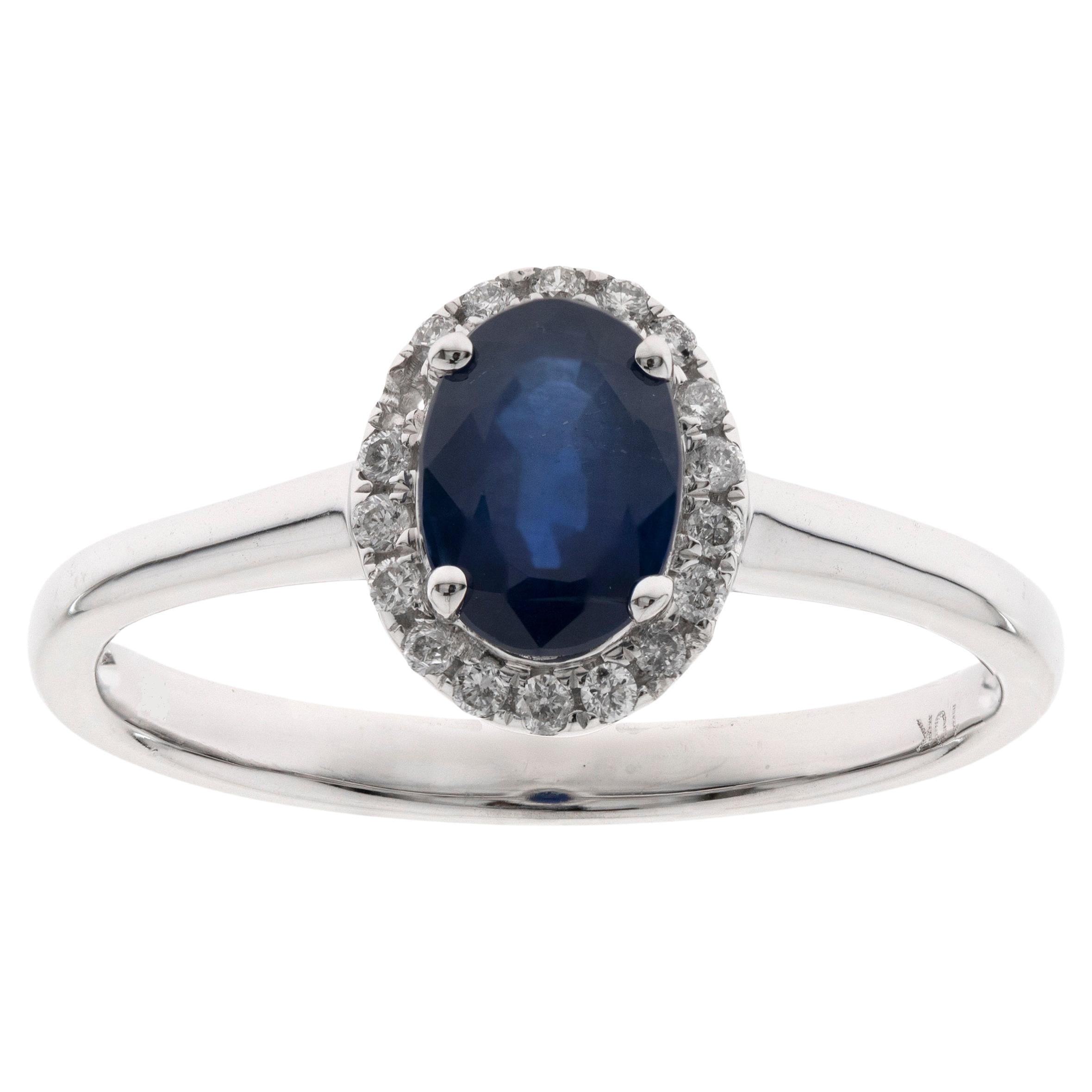 0.86 Carat Oval-Cut Blue Sapphire with Diamond Accents 10K White Gold Ring