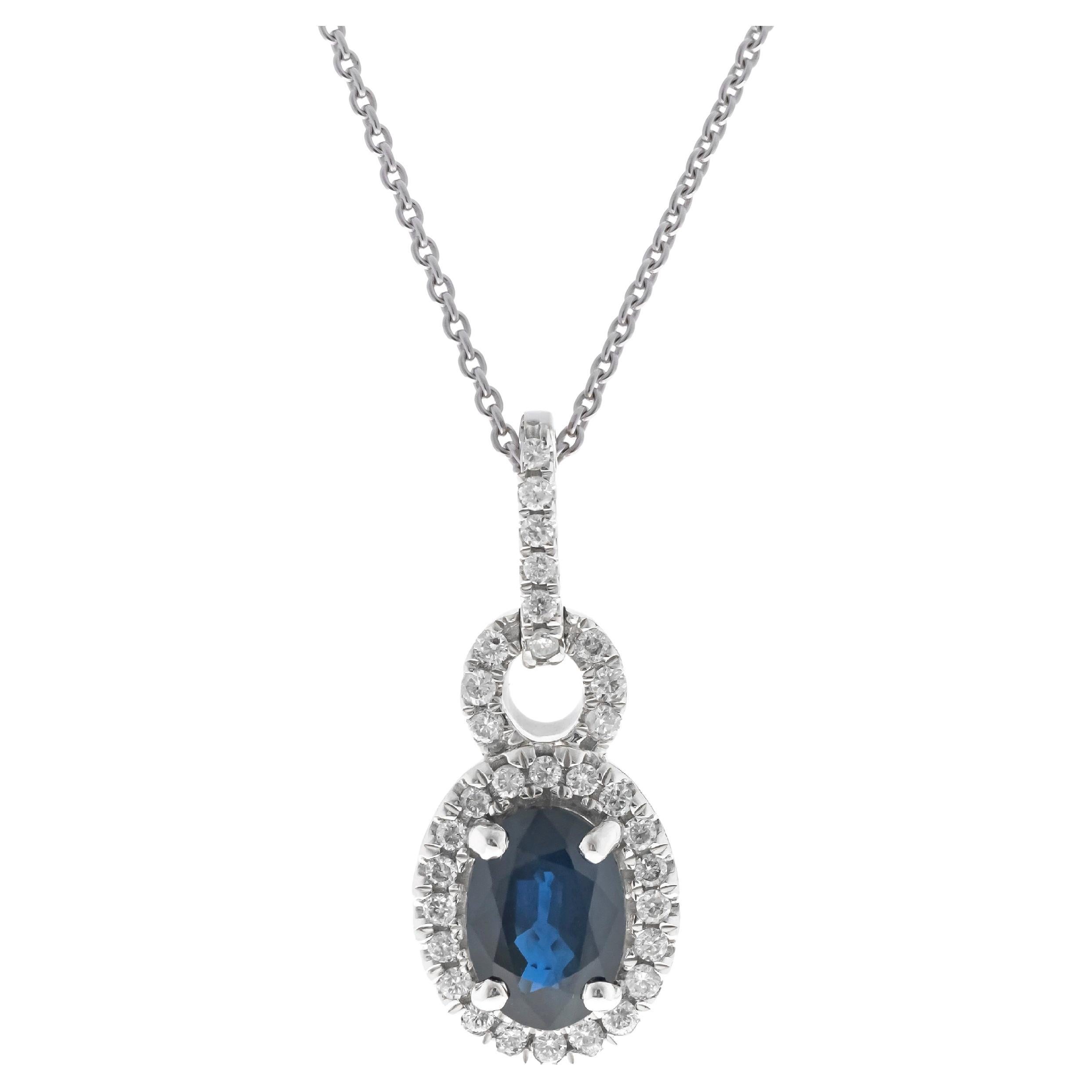 0.86 Carat Oval-Cut Blue Sapphire with Diamond Accents 14K White Gold Pendant For Sale