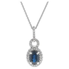 Vintage 0.86 Carat Oval-Cut Blue Sapphire with Diamond Accents 14K White Gold Pendant