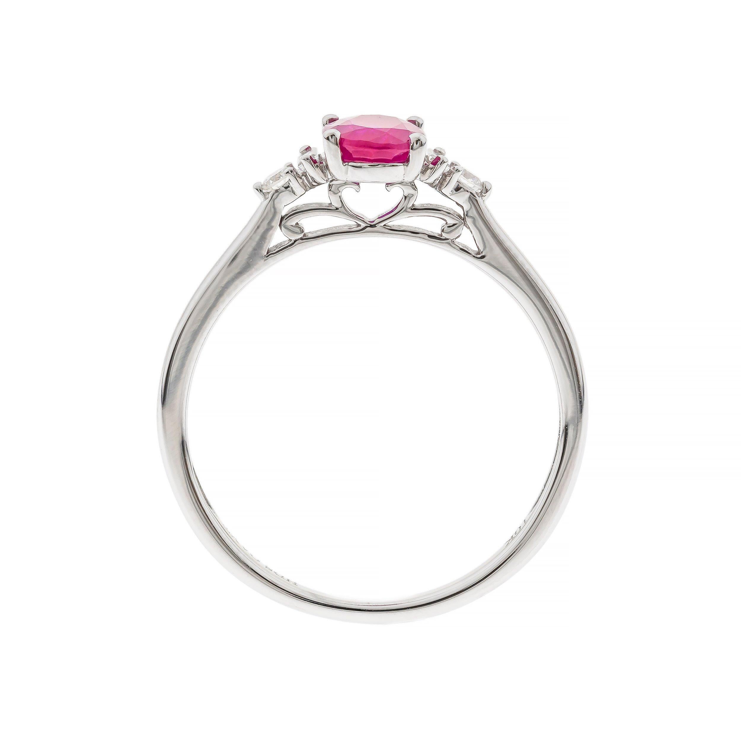 Stunning, timeless and classy eternity Unique Ring. Decorate yourself in luxury with this Gin & Grace Ring. The 10K White Gold jewelry boasts 7x5 mm (1 pcs) 0.86 carat Oval-Cut Prong Setting Ruby, along with Natural Round-cut white Diamond (2 Pcs)