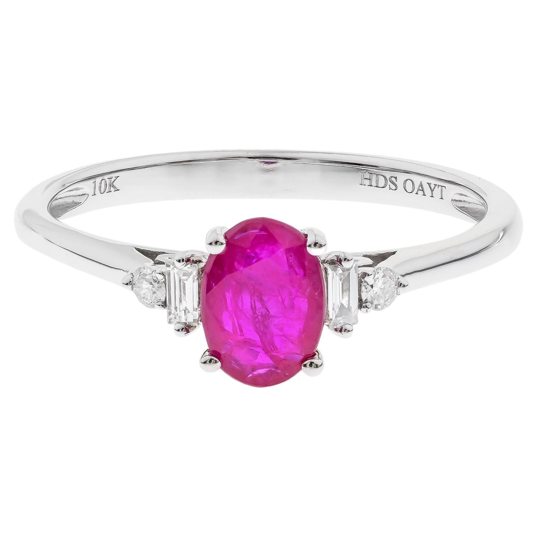 0.86 Carat oval-Cut Ruby Diamond Accents 10K White Gold Ring For Sale