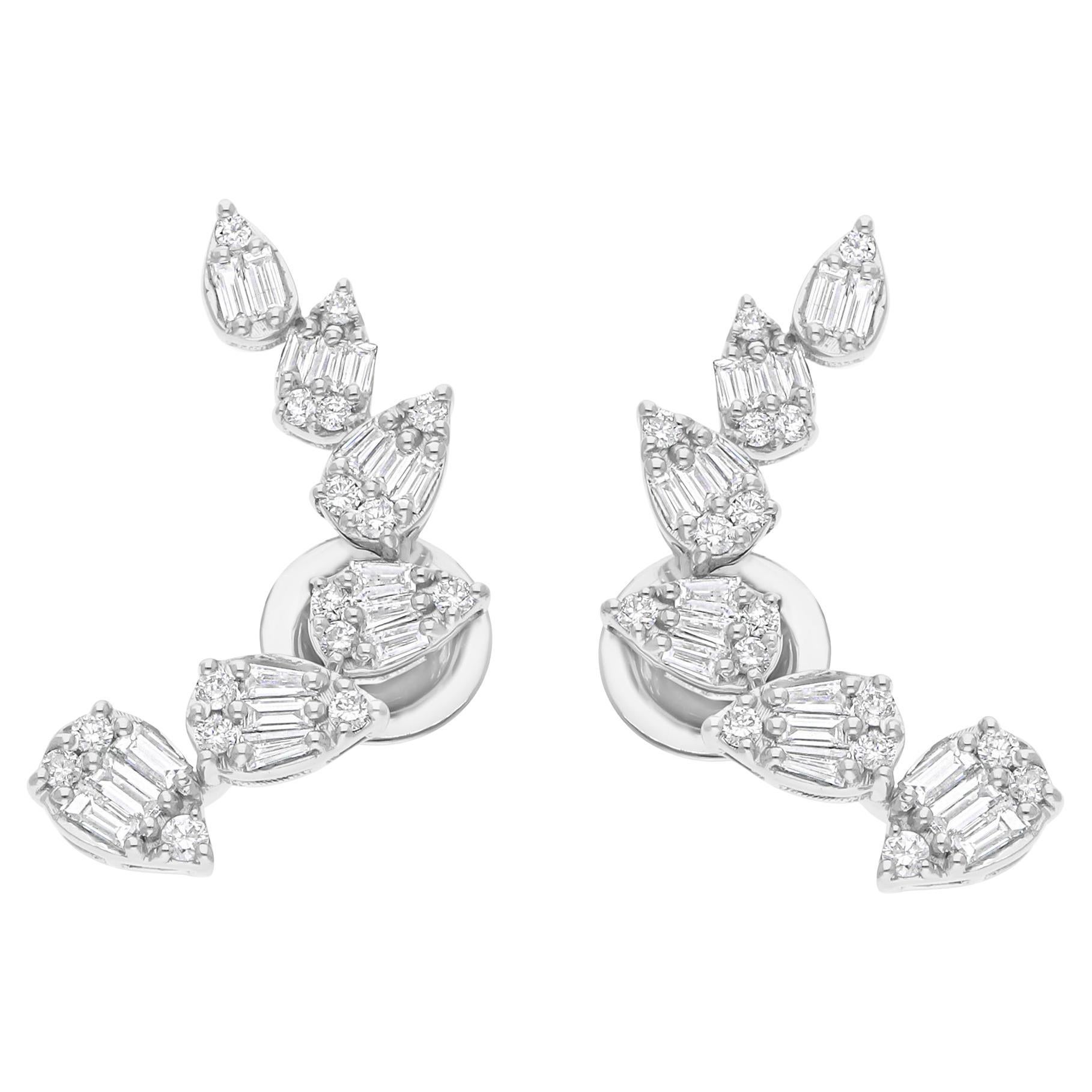 Pendientes de diseño curvo con diamantes baguette redondos SI/H de 0,86 quilates y oro blanco de 14 quilates