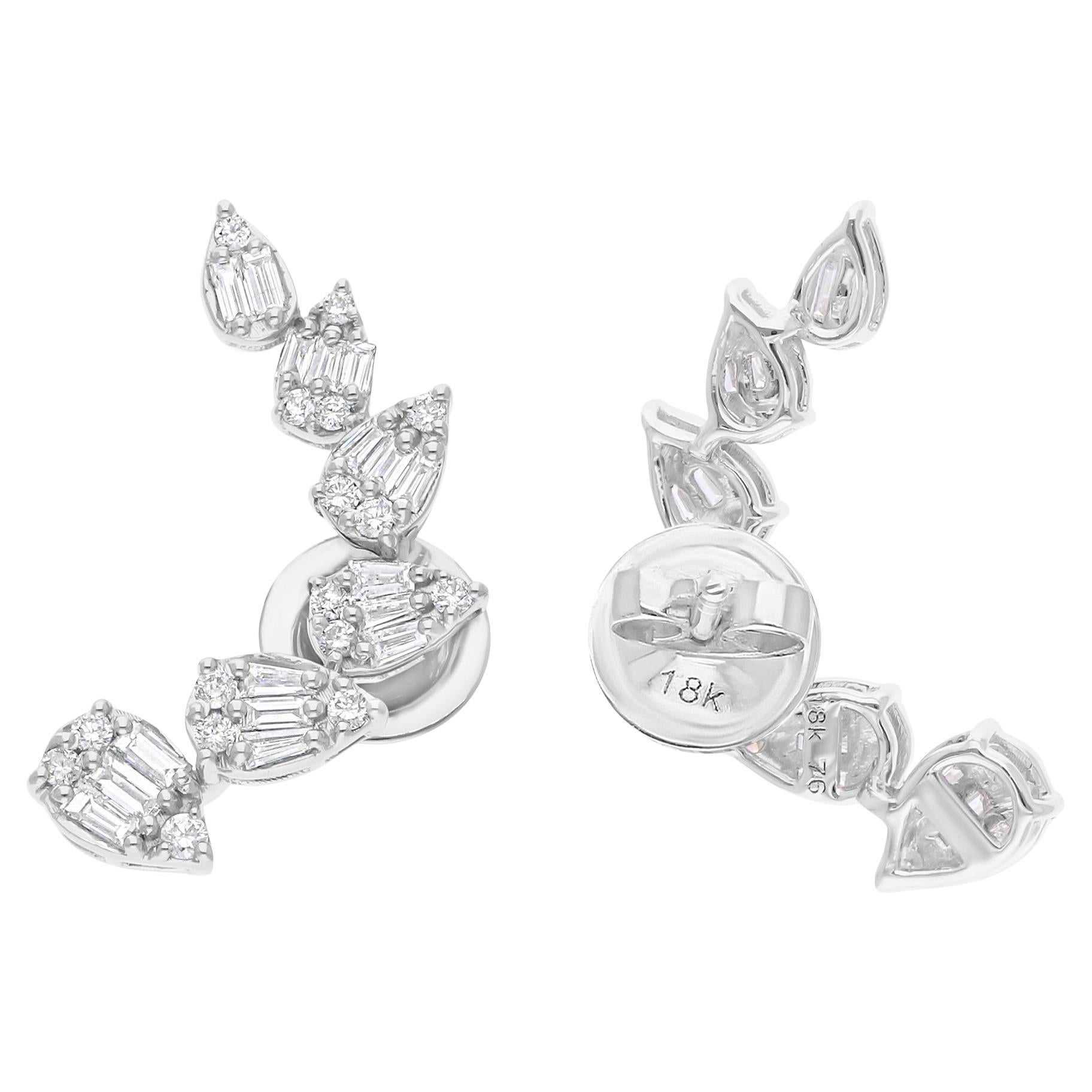 0,86 Karat SI/H Runde Baguette-Diamant-Ohrringe mit geschwungenem Design aus 18 Karat Weißgold im Angebot