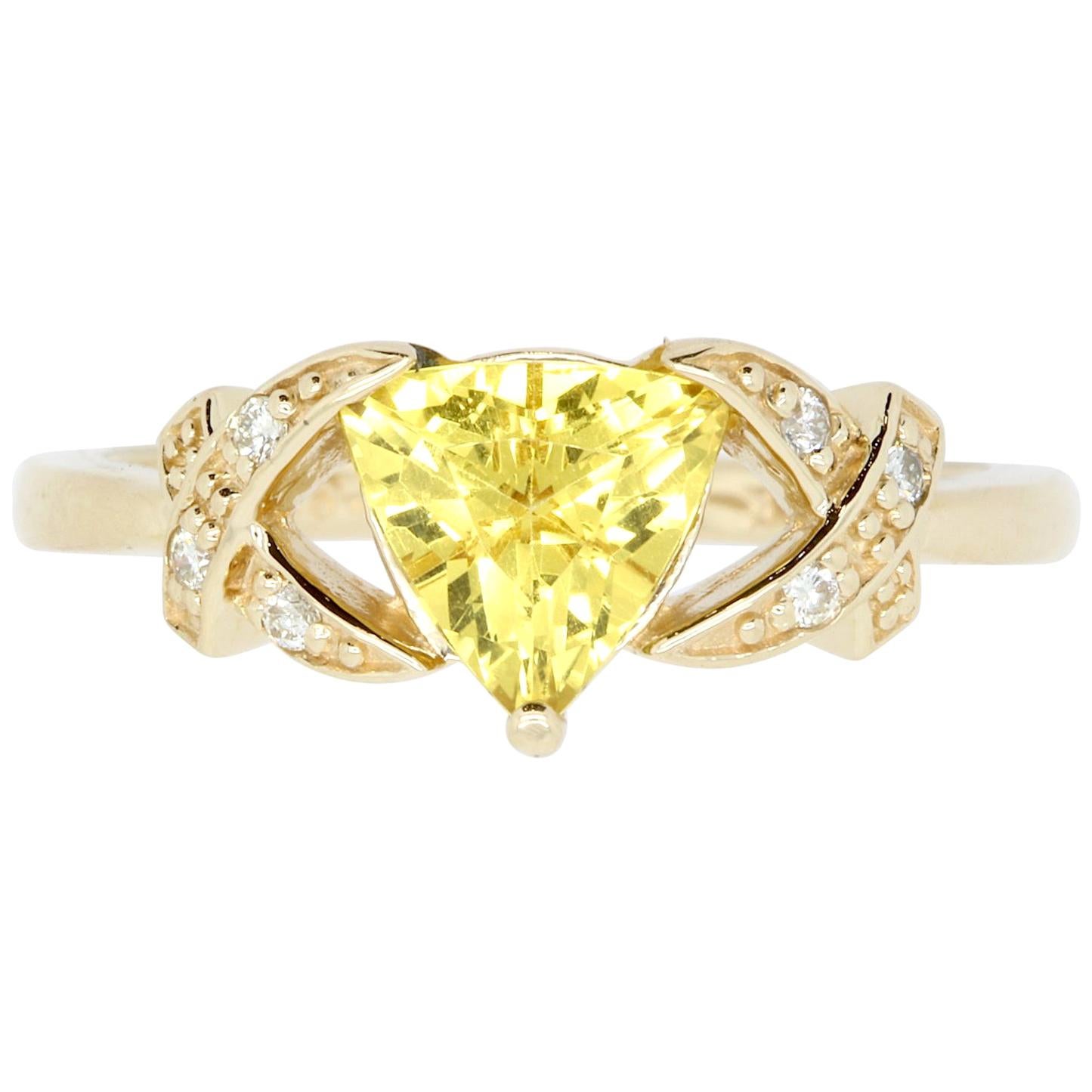 0.86 Carat Trillion Cut Yellow Beryl and White Diamond Ring