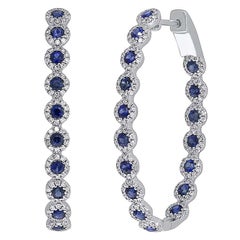 0.86ct Diamond & 1.83ct Blue Sapphire 14k White Gold Diamond Oval Hoop Earring