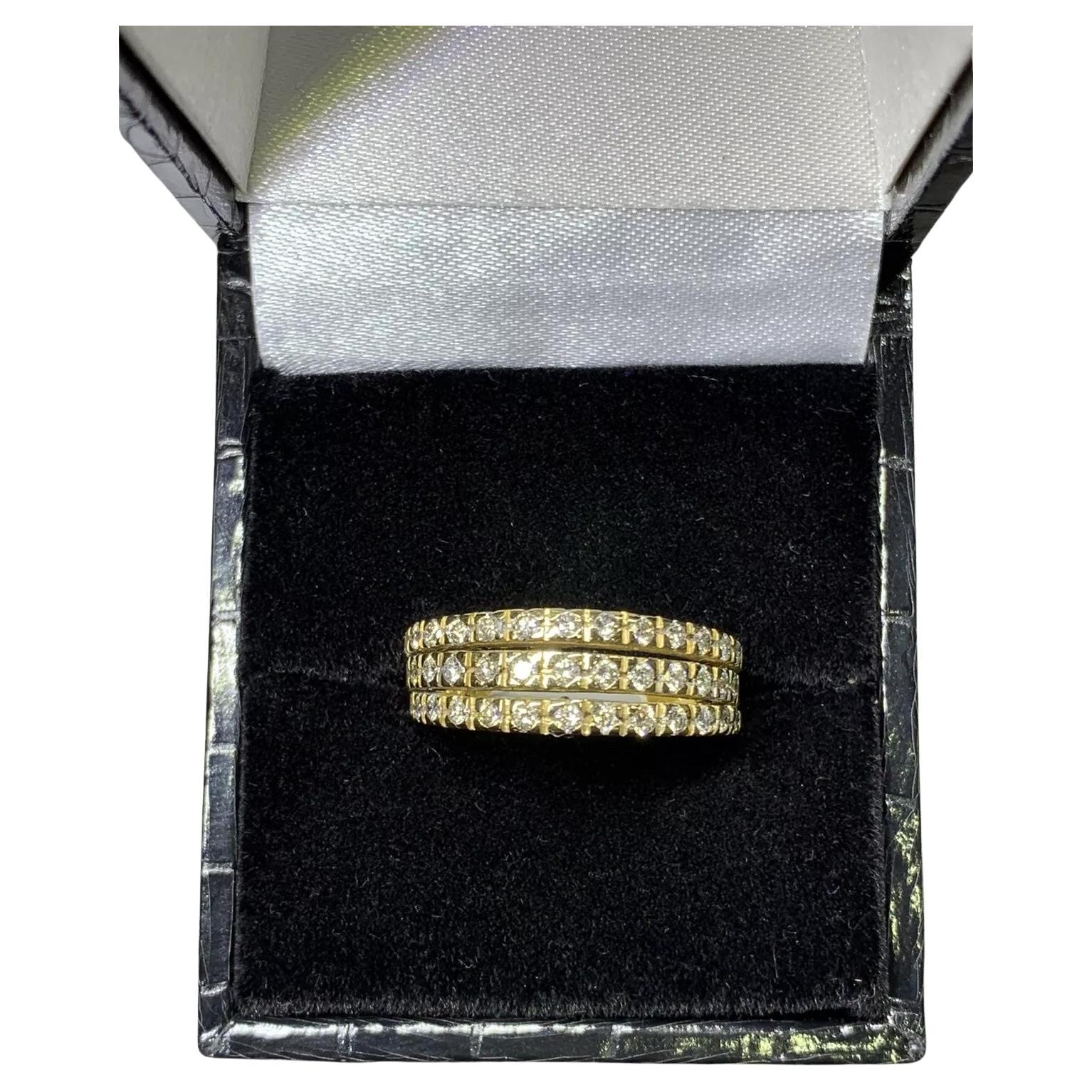 0.86ct Diamond Three Row Engagement Ring Wide Band 18k Yellow Gold.