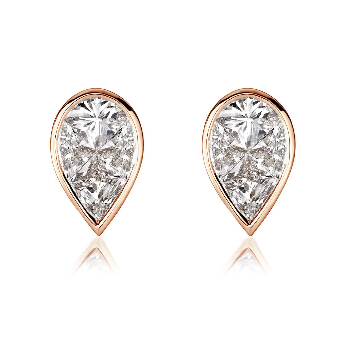 0.86ct Pear Shaped Diamond Mosaic Stud Earrings in 18K Rose Gold For Sale