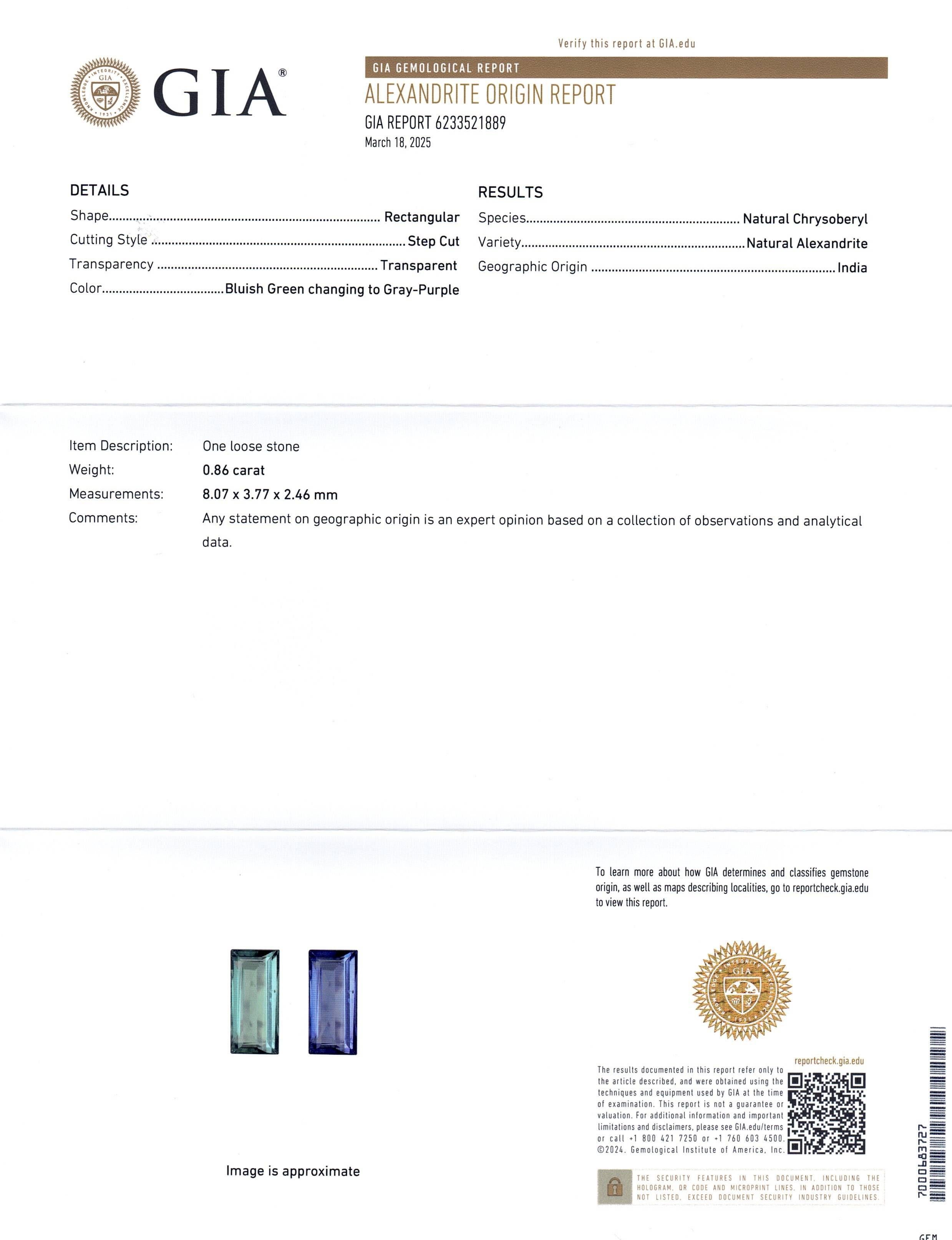 da uomo o donna 0,86ct Rettangolare/Baguette verde-bluastro a grigio-viola Alessandrite certificata GIA in vendita