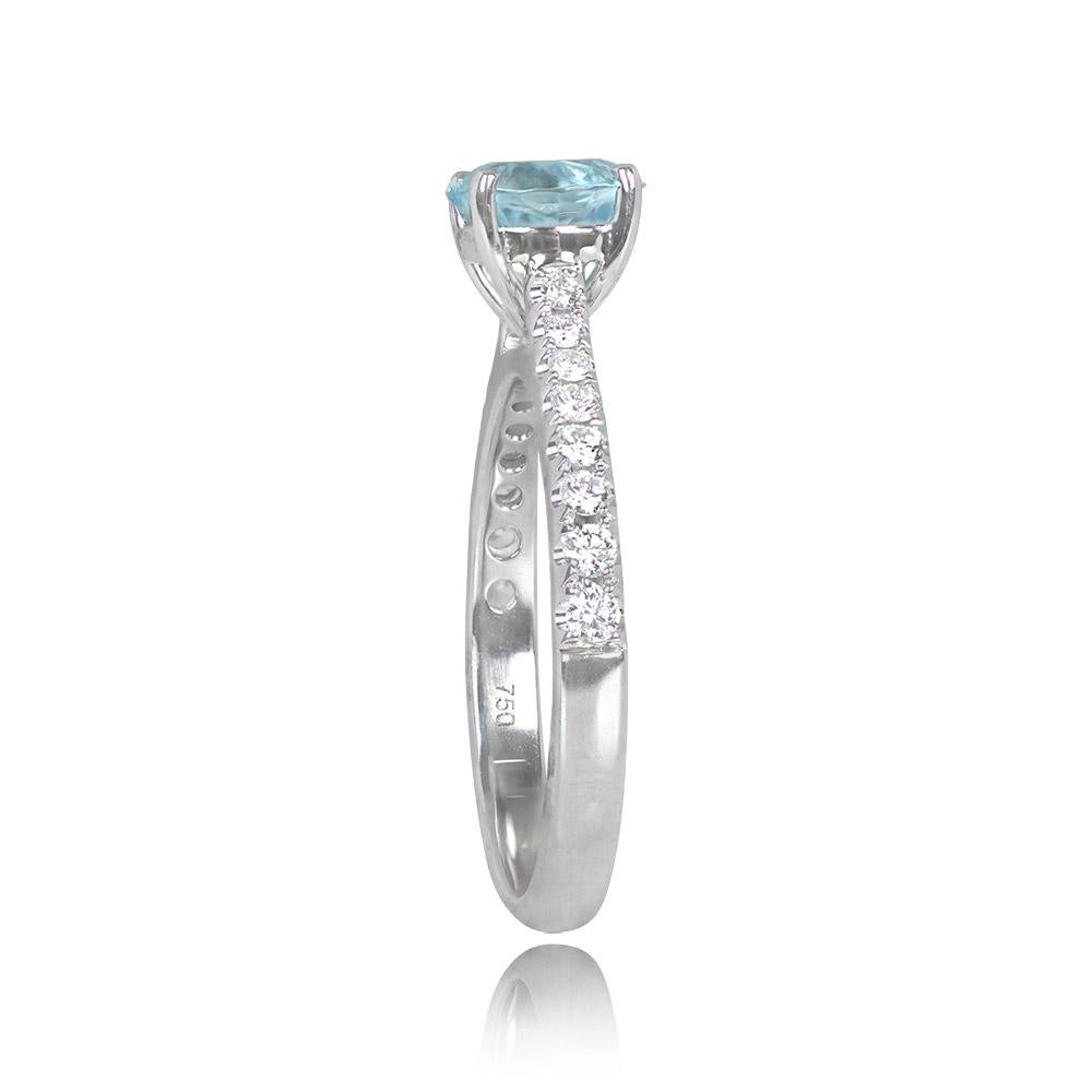 Art Deco 0.86ct Round Cut Aquamarine Engagement Ring, 18k White Gold For Sale