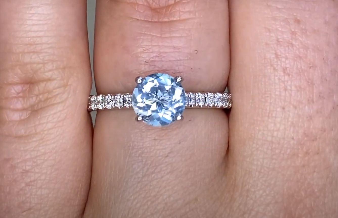 Women's 0.86ct Round Cut Aquamarine Engagement Ring, 18k White Gold For Sale