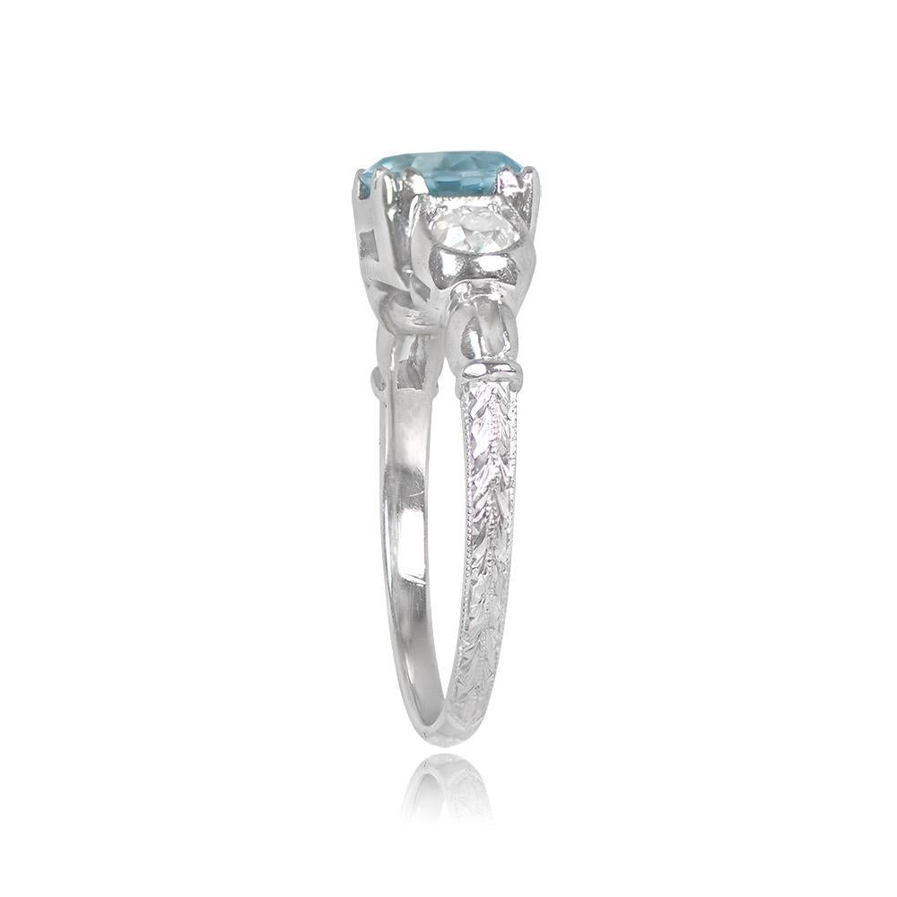 Art Deco 0.86ct Round Cut Aquamarine Engagement Ring, Platinum For Sale