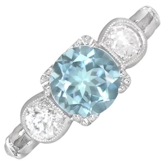 0.86ct Round Cut Aquamarine Engagement Ring, Platinum For Sale