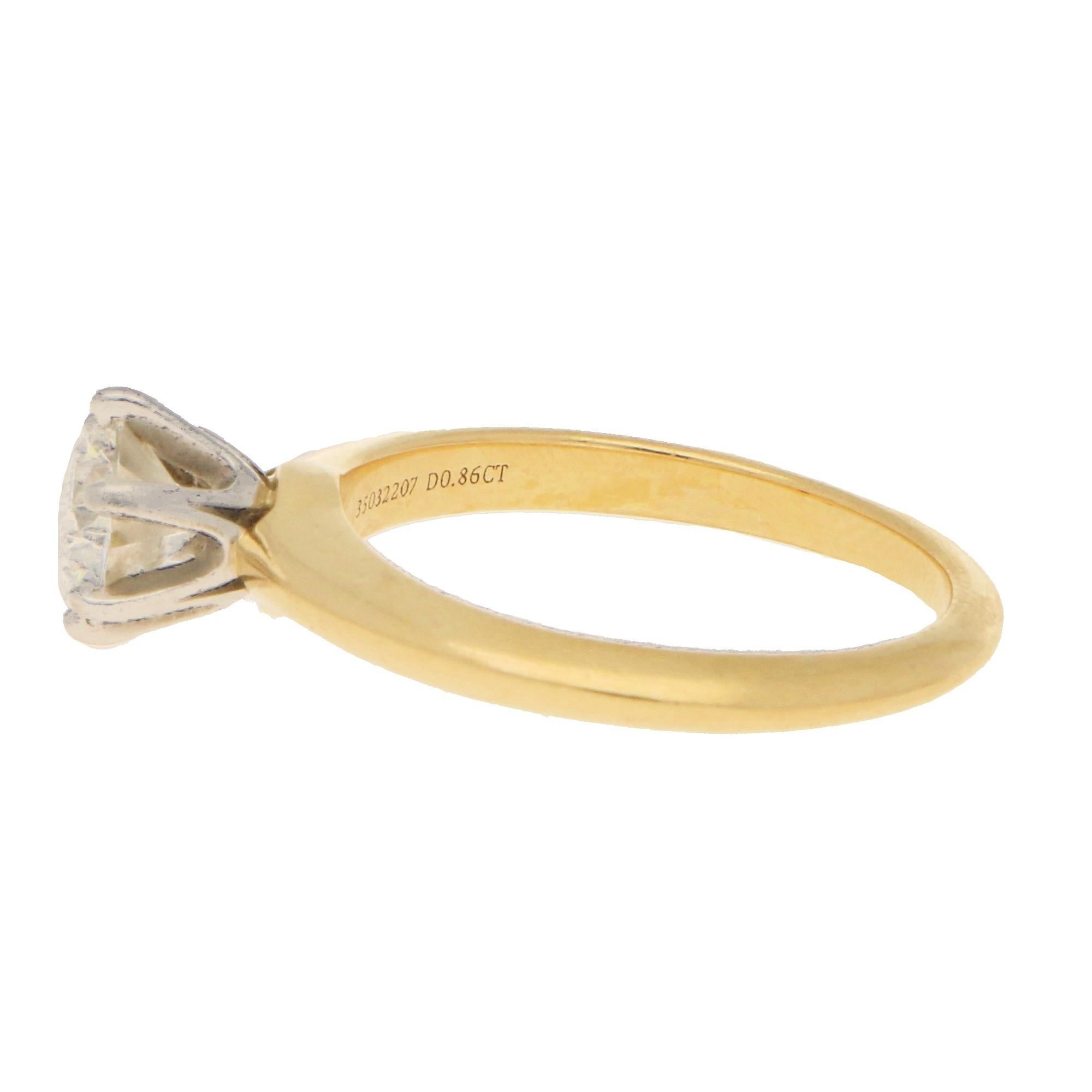 Round Cut Tiffany & Co Solitaire Diamond Ring in 18ct Yellow Gold 0.86 Carat
