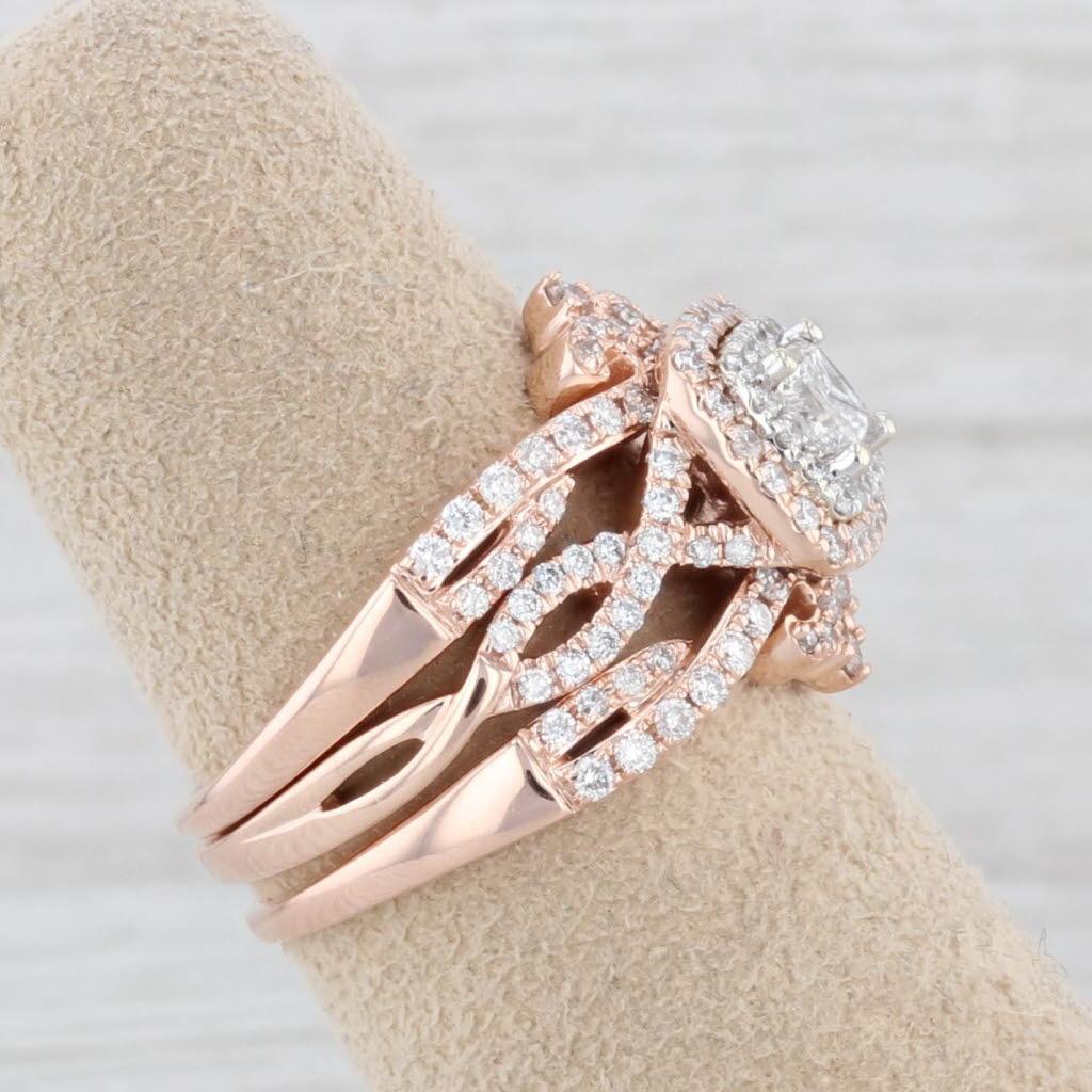 Donna Anello di fidanzamento aureolato con diamante principesco da 0,86 carati 2 fasce nuziali in oro rosa 14k in vendita