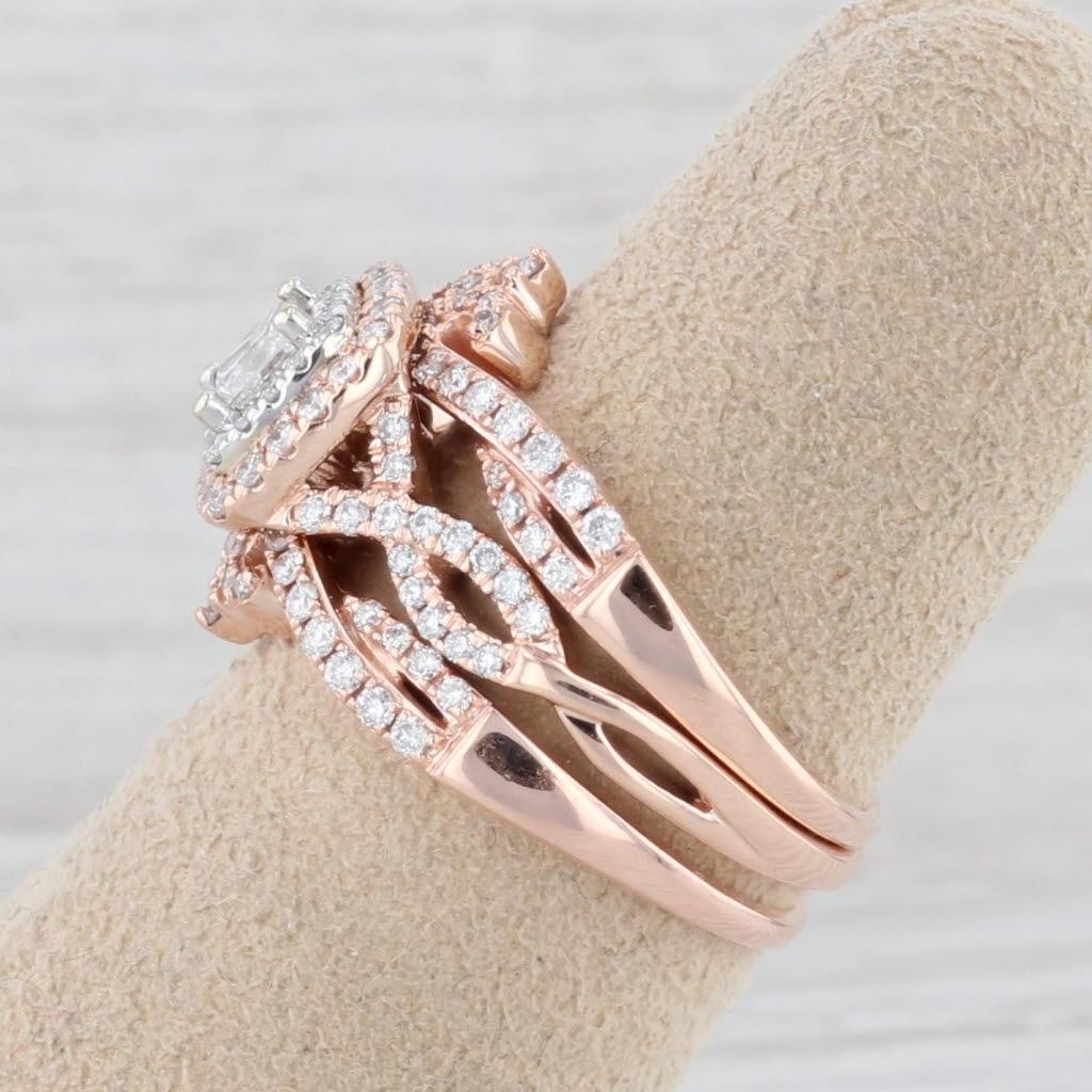 Anello di fidanzamento aureolato con diamante principesco da 0,86 carati 2 fasce nuziali in oro rosa 14k in vendita 1