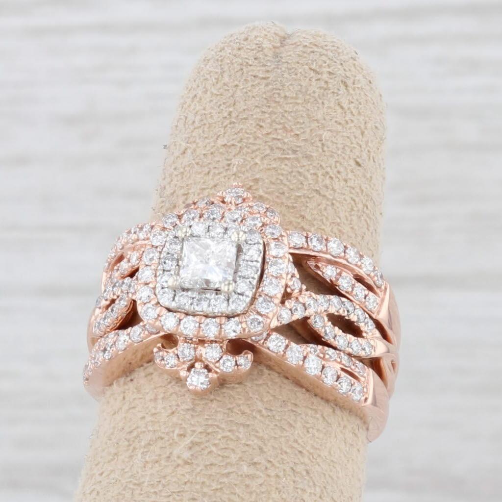 Anello di fidanzamento aureolato con diamante principesco da 0,86 carati 2 fasce nuziali in oro rosa 14k in vendita 2