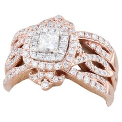 Anello di fidanzamento aureolato con diamante principesco da 0,86 carati 2 fasce nuziali in oro rosa 14k