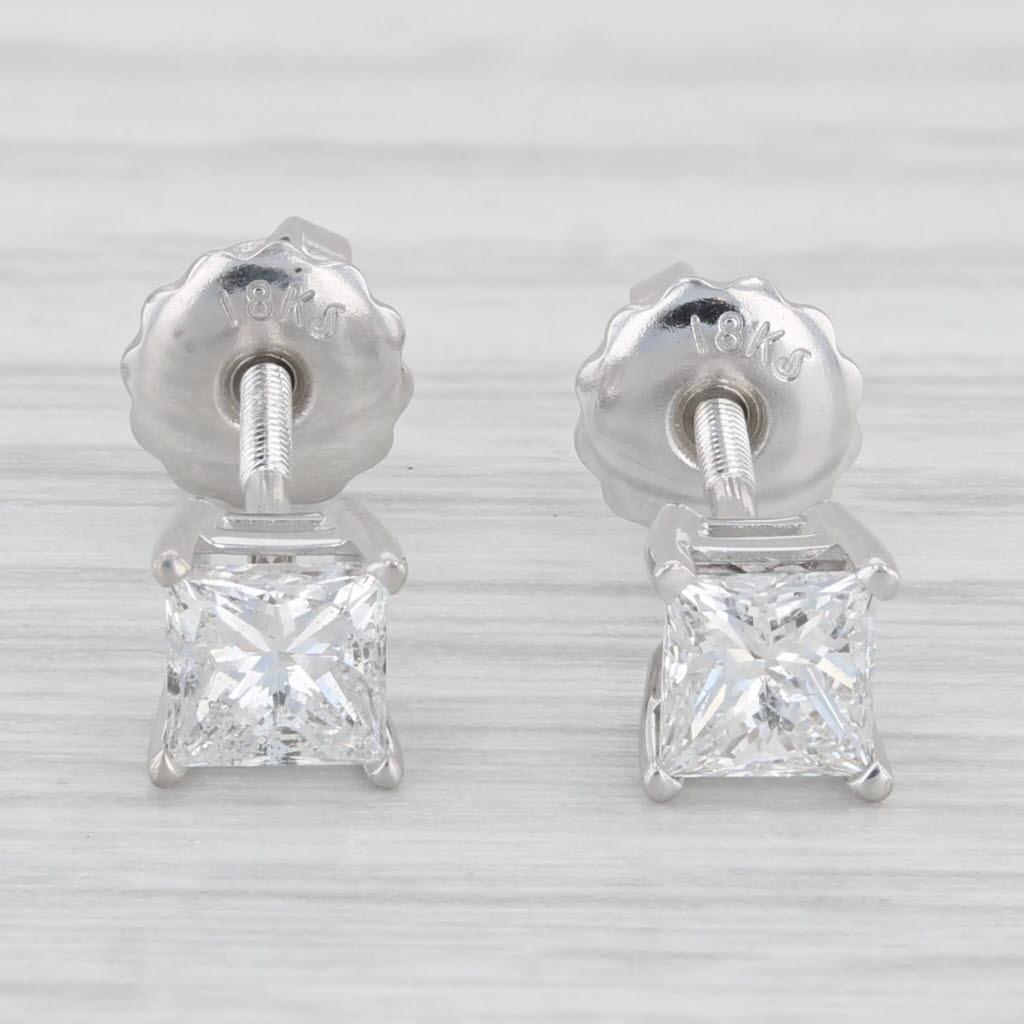 Princess Cut 0.86ctw Princess Diamond Stud Earrings 18k White Gold Screw Back Pierced IGI For Sale