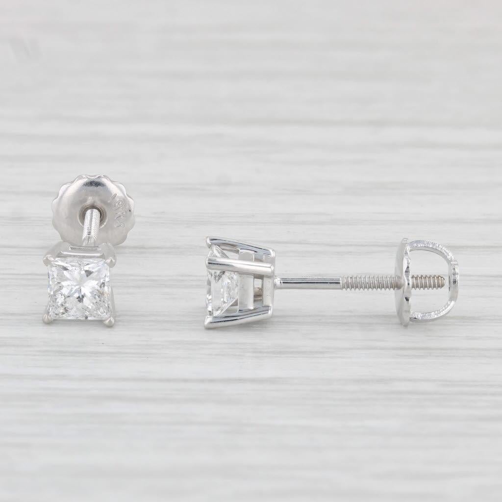 0.86ctw Princess Diamond Stud Earrings 18k White Gold Screw Back Pierced IGI For Sale 2