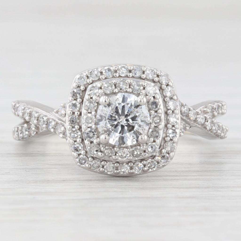 0.86ctw Round Diamond Double Halo Engagement Ring 14k White Gold Size 7.25 In Good Condition For Sale In McLeansville, NC