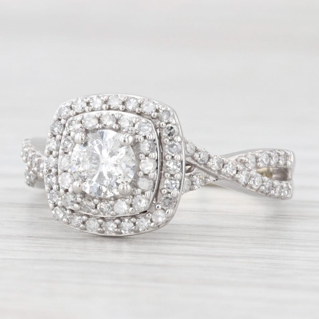 0.86ctw Round Diamond Double Halo Engagement Ring 14k White Gold Size 7.25 For Sale 2