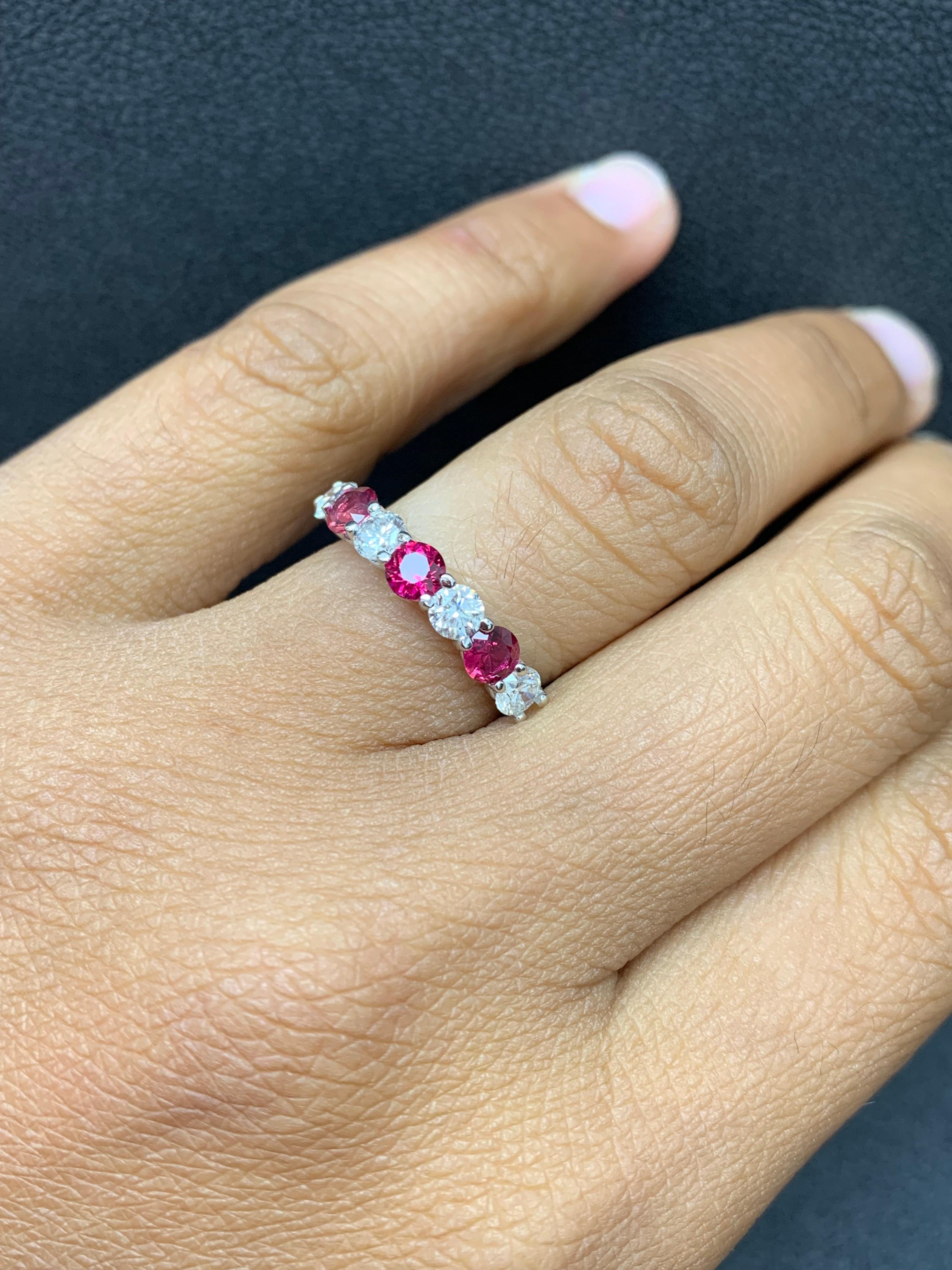 0.87 Carat Alternating Ruby and Diamond Halfway Wedding Band in 14K White Gold For Sale 6