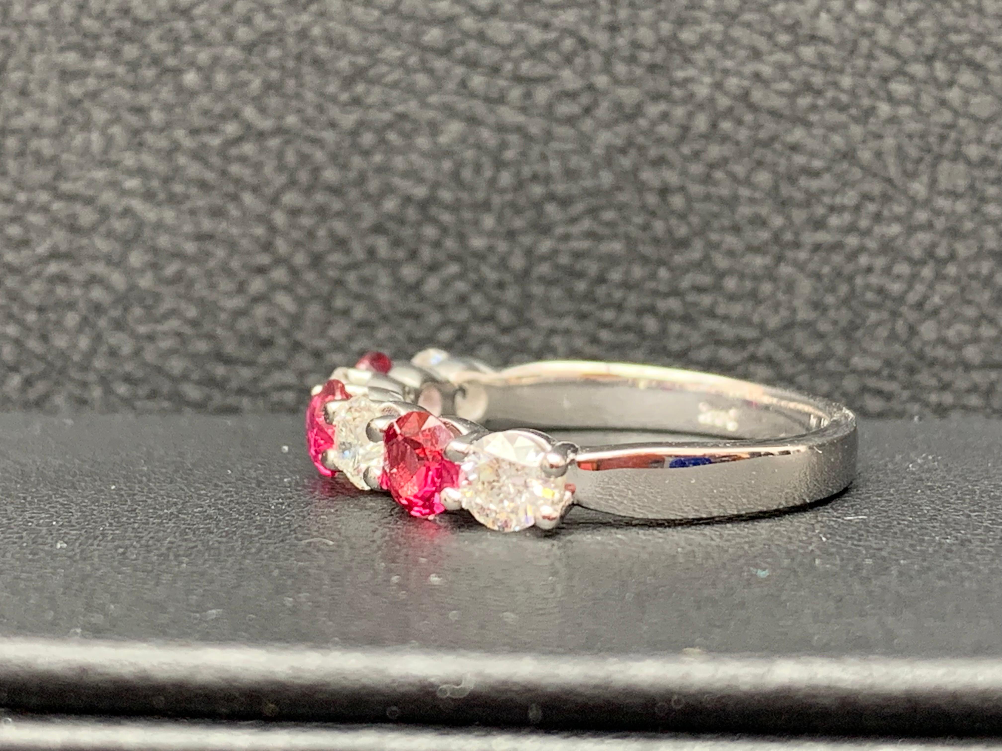 Contemporary 0.87 Carat Alternating Ruby and Diamond Halfway Wedding Band in 14K White Gold For Sale