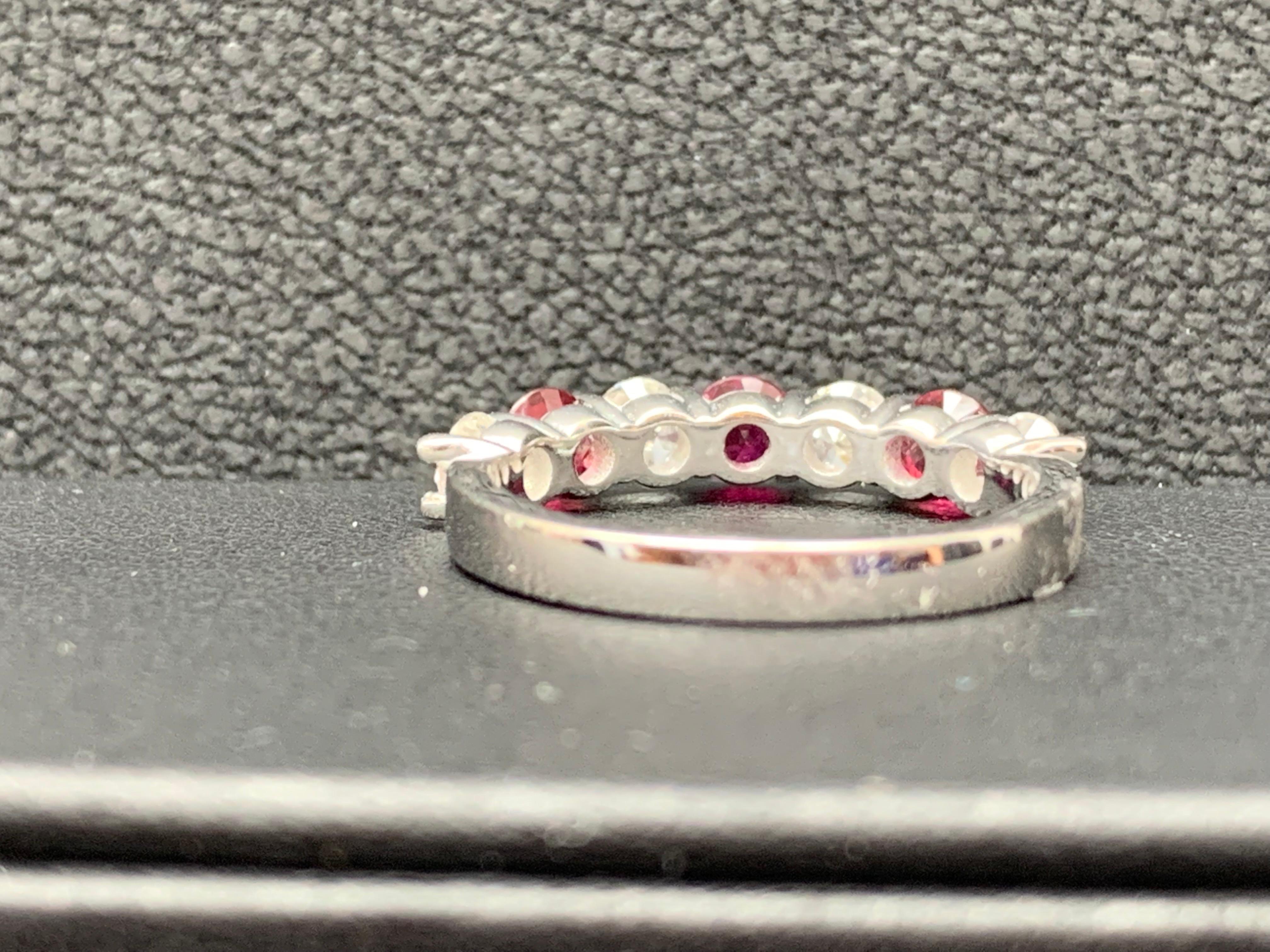 Brilliant Cut 0.87 Carat Alternating Ruby and Diamond Halfway Wedding Band in 14K White Gold For Sale