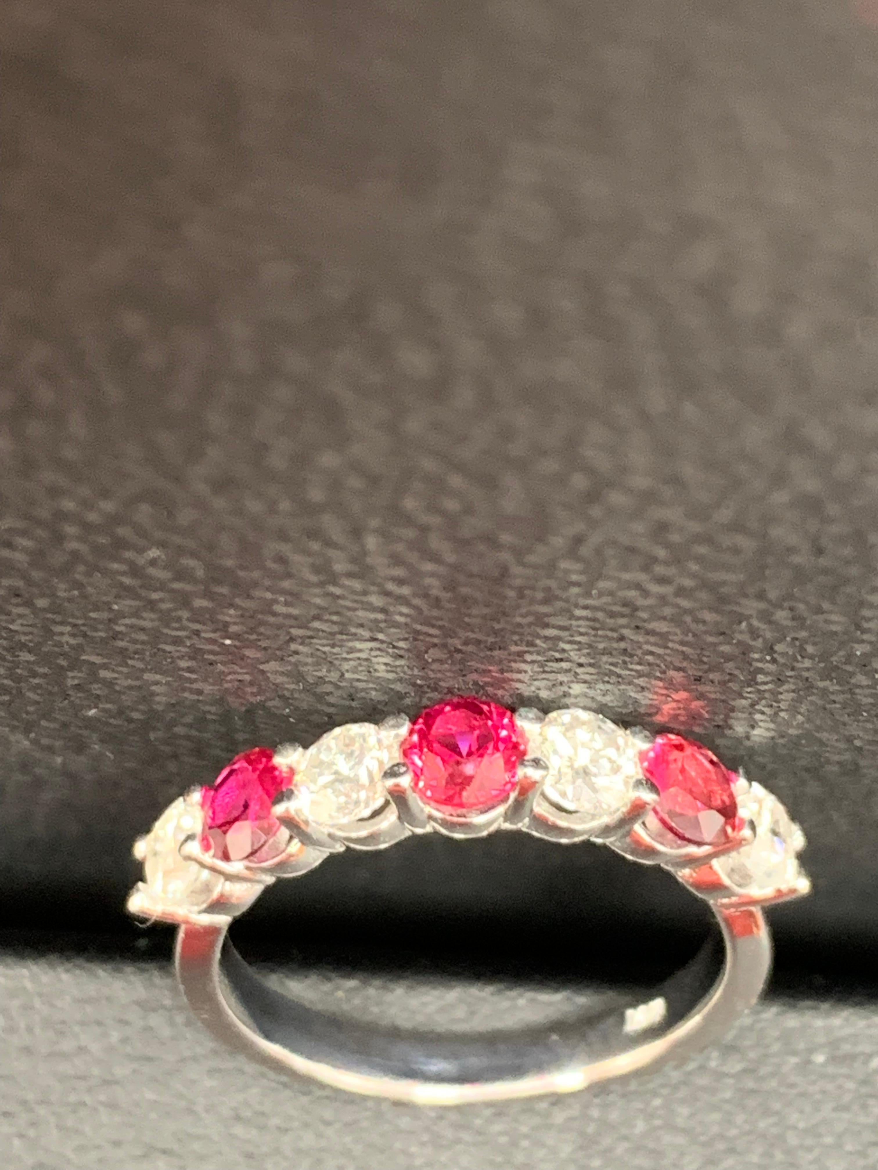 0.87 Carat Alternating Ruby and Diamond Halfway Wedding Band in 14K White Gold In New Condition For Sale In NEW YORK, NY