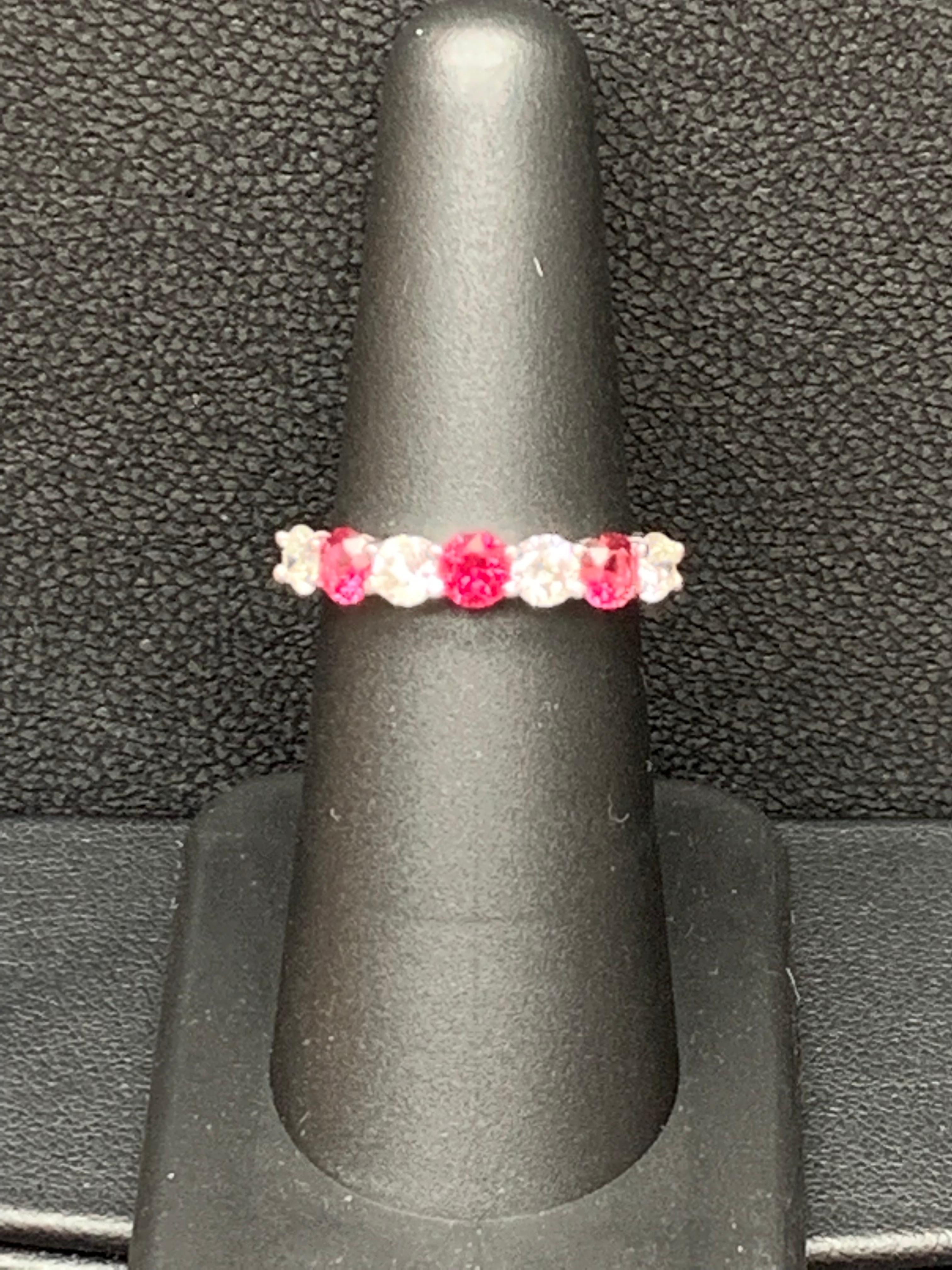 0.87 Carat Alternating Ruby and Diamond Halfway Wedding Band in 14K White Gold For Sale 1