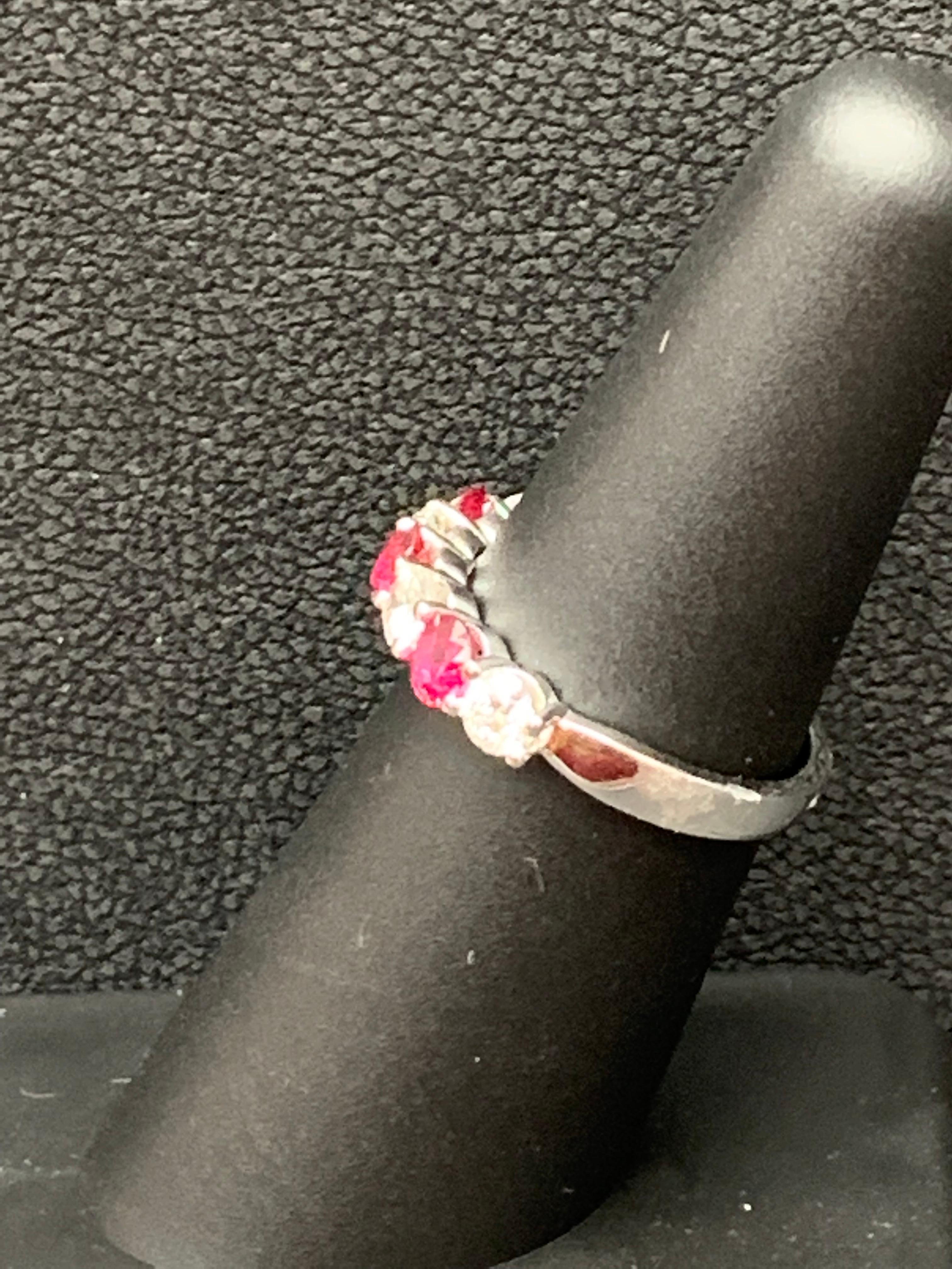 0.87 Carat Alternating Ruby and Diamond Halfway Wedding Band in 14K White Gold For Sale 2