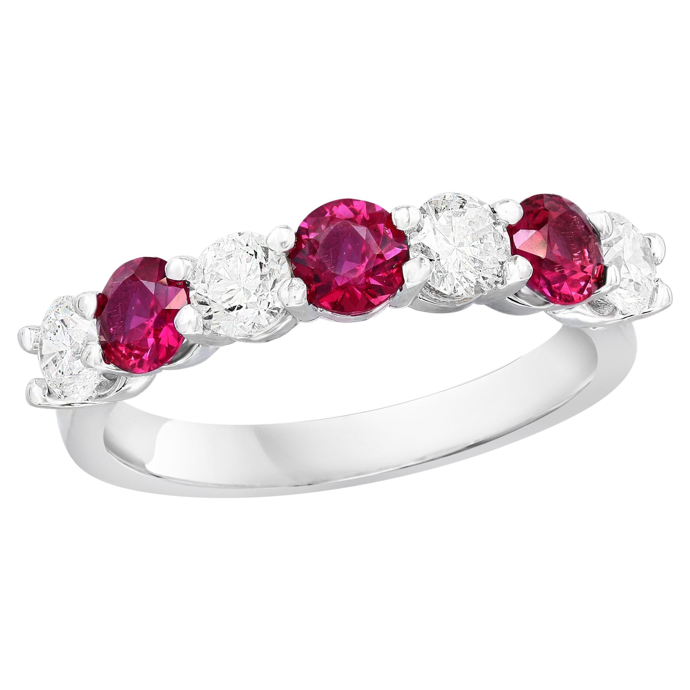 0.87 Carat Alternating Ruby and Diamond Halfway Wedding Band in 14K White Gold For Sale