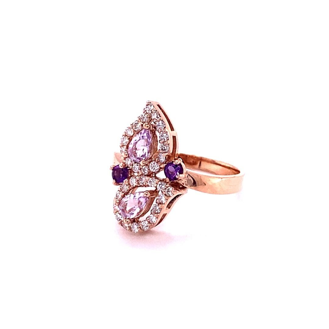 Pear Cut 0.87 Carat Amethyst Diamond Rose Gold Cocktail Ring For Sale