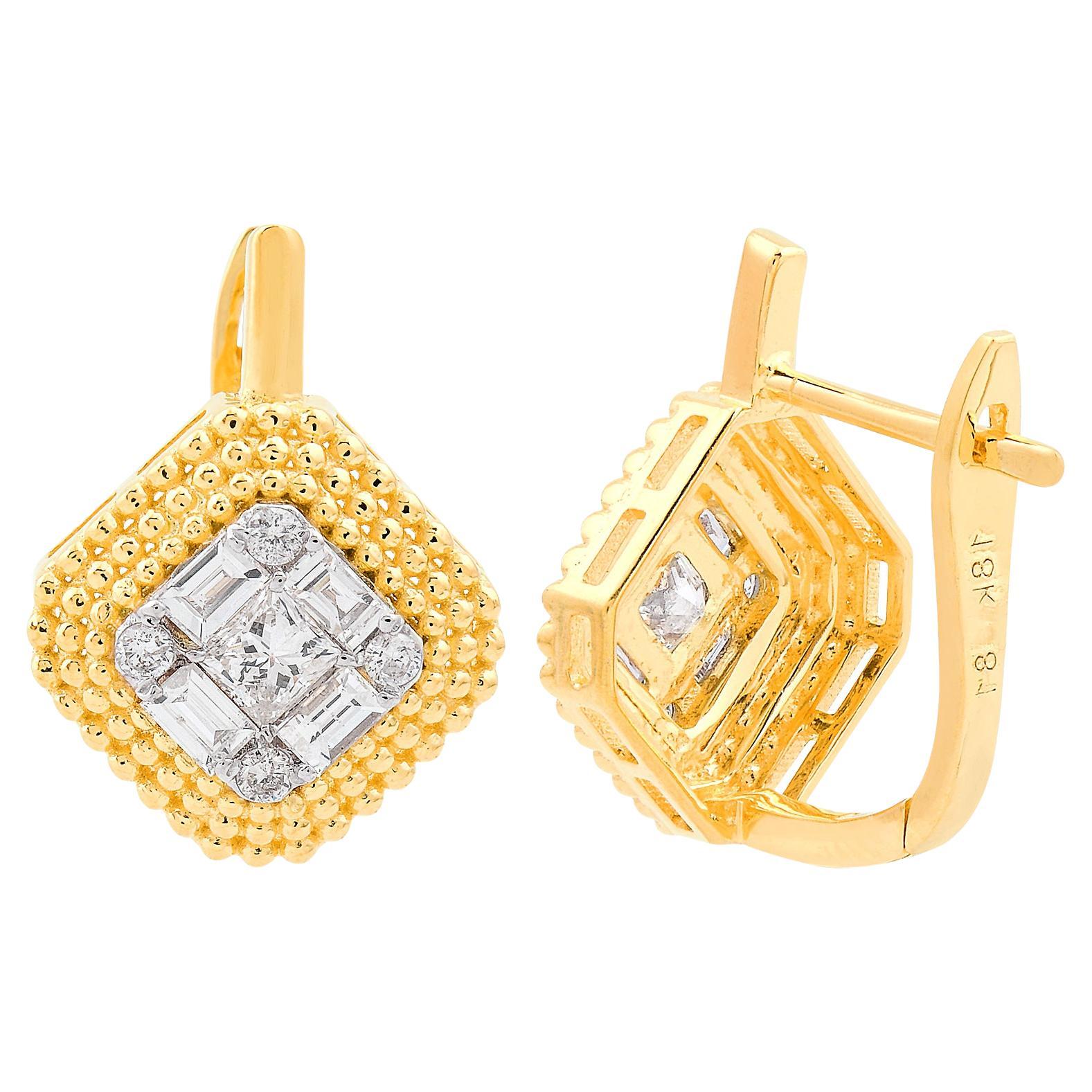 0.87 Carat Baguette Diamond Stud Earrings 18 Karat Yellow Gold Handmade Jewelry For Sale
